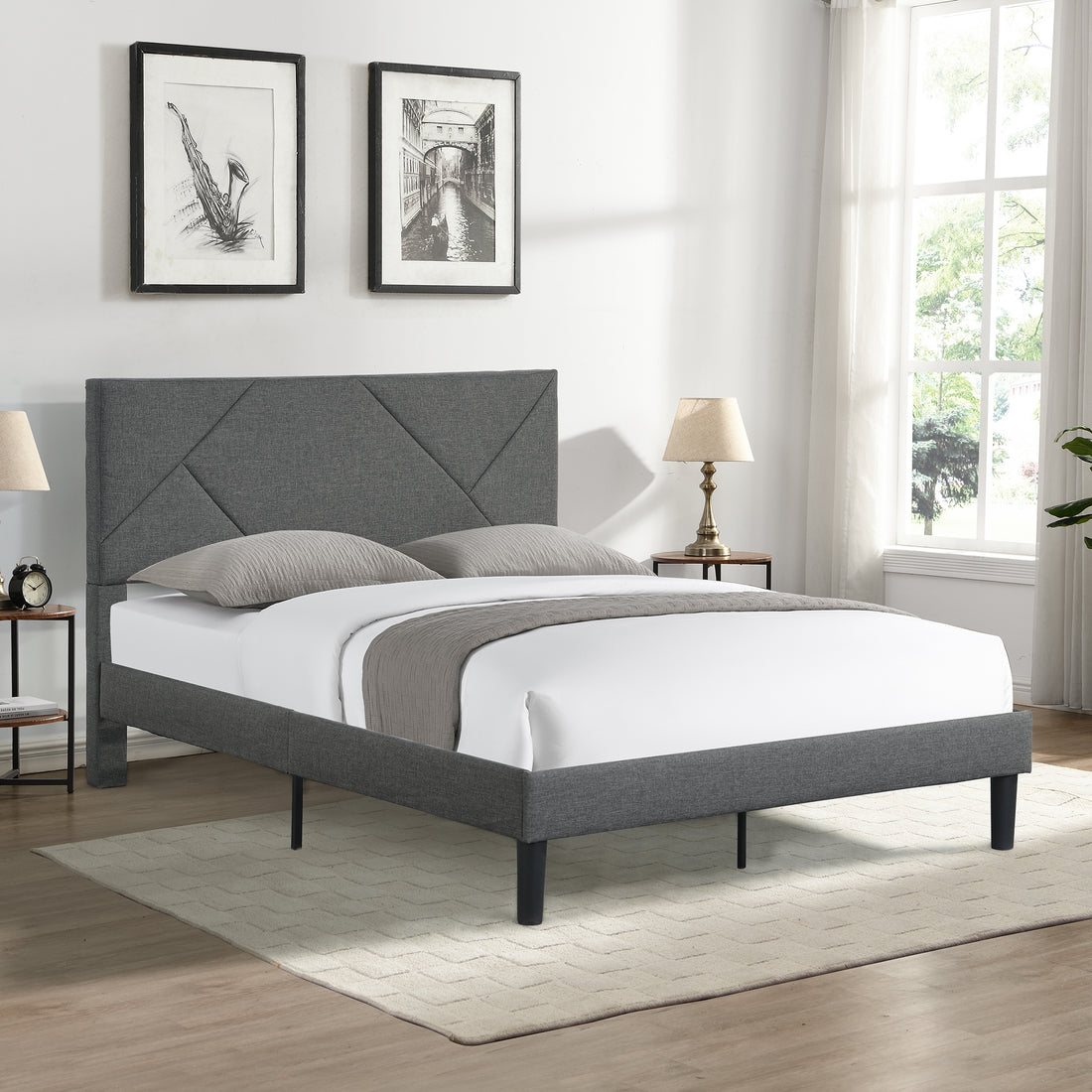 Queen Size Upholstered Platform Bed Frame With Headboard, Strong Wood Slat Support, Mattress Foundation, No Box Spring Needed, Easy Assembly, Gray Gray Fabric