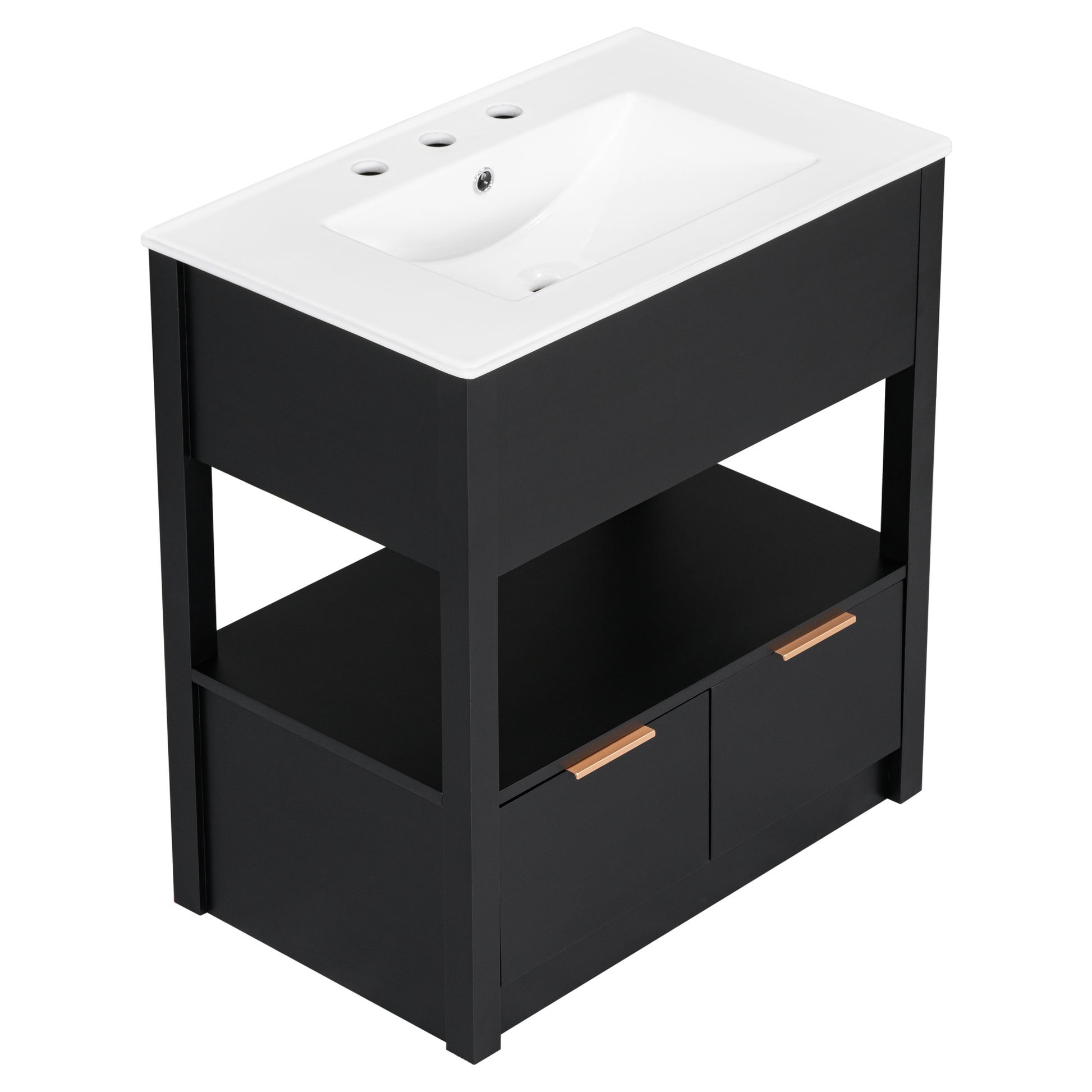 30" Bathroom Vanity With Sink Top, Bathroom Cabinet With Open Storage Shelf And Two Drawers, One Package, Black Old Sku:Wf311619Aap Black Solid Wood Mdf