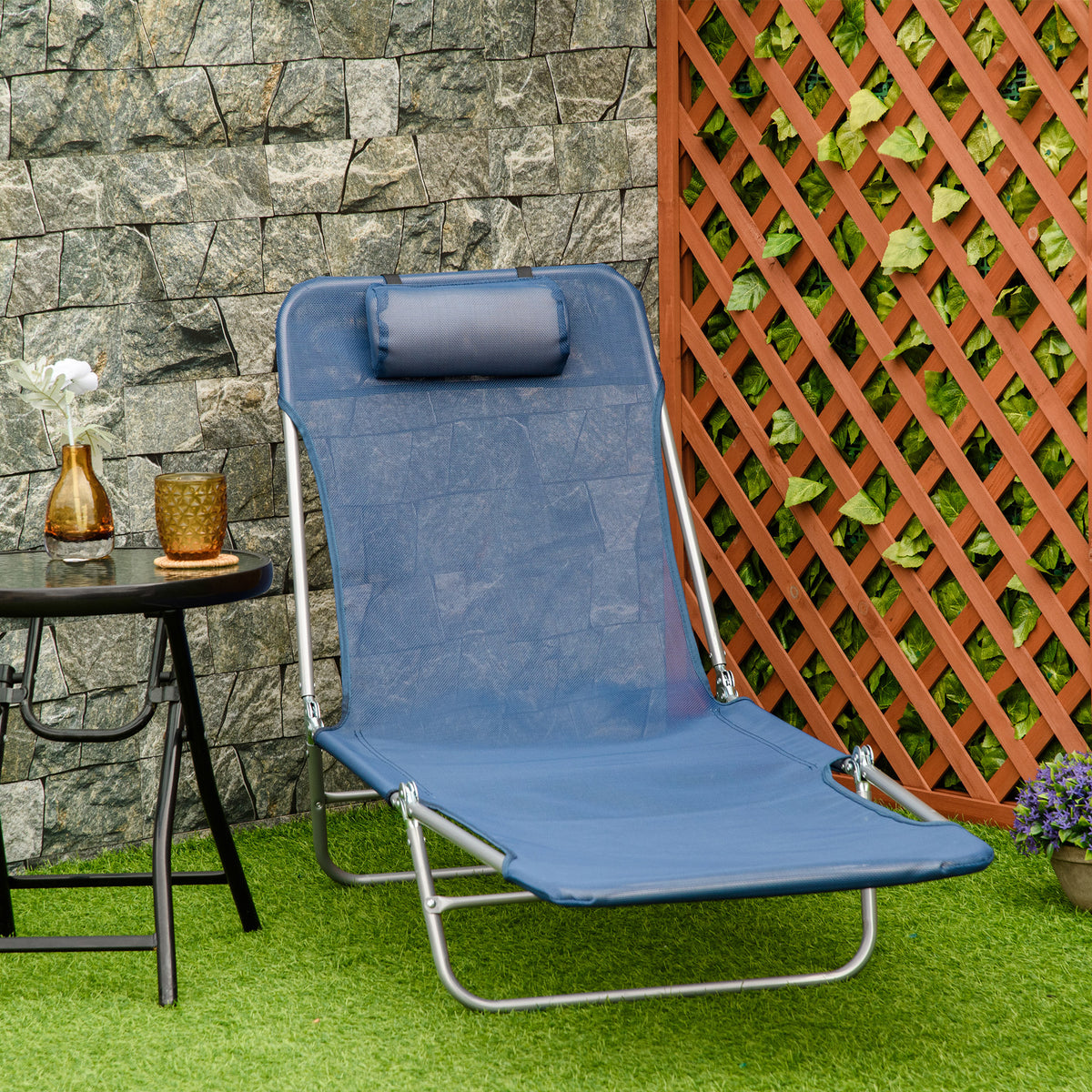 Folding Chaise Lounge Pool Chair, Patio Sun Tanning Chair, Outdoor Lounge Chair With 6 Position Reclining Back,Mesh Seat, And Headrest For Beach, Yard, Patio, Blue Blue Steel