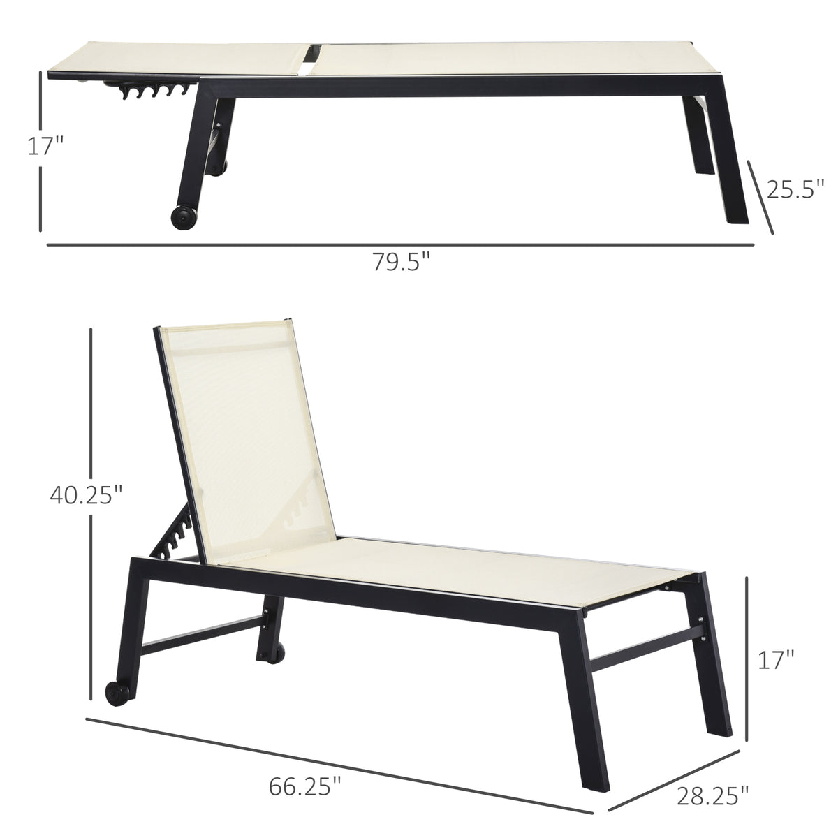 Outdoor Lounge Chair, Patio Lounger With 5 Position Reclining Backrest And 2 Wheels For Poolside, Beach, Lawn, Cream White White Steel