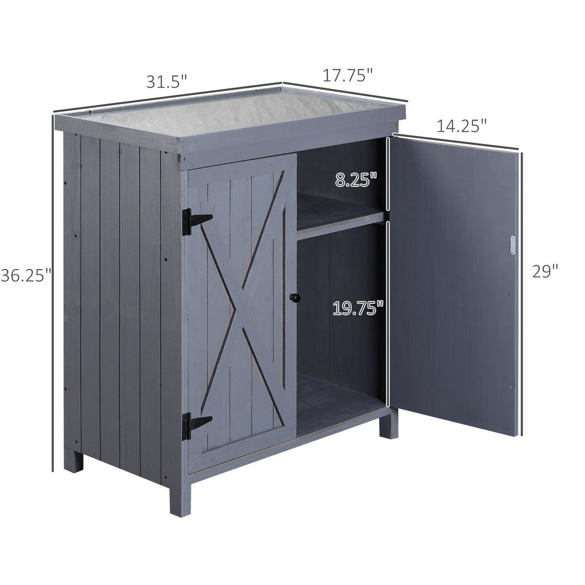 Garden Storage Cabinet, Outdoor Tool Shed With Galvanized Top And Two Shelves For Yard Tools Or Pool Accessories, Grey Gray Wood