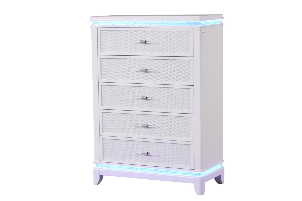 Opium King 5 Pc Bedroom Set In Milky White Box Spring Required King White Wood 5 Piece Set Bedroom Bed Included,Chest Included,Dresser Included,Mirror Included,Nightstand Included Contemporary,Modern Upholstered Built In Lighting Wood