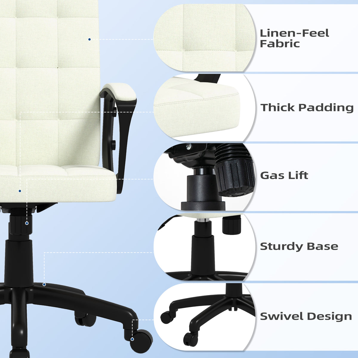 Fabric Office Chair, Computer Desk Chair, Swivel Task Chair With Arms, Adjustable Height, Swivel Wheels, Mid Back, Cream White Cream White Polyester