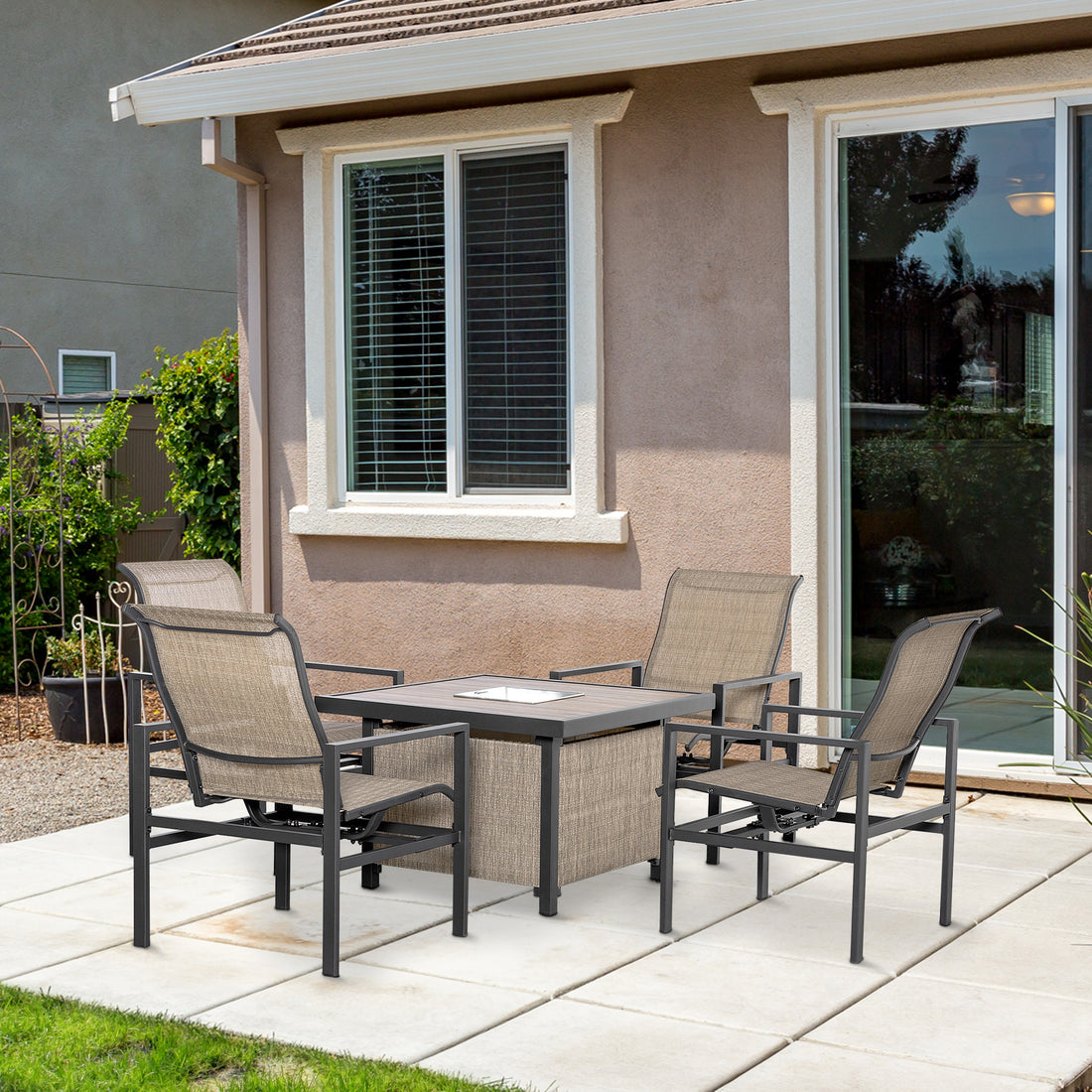 5 Piece Garden Patio Dining Set, Steel, Outdoor Conversation Set, Square Dinner Table With Built In Ice Bucket Insert, 4 Rocking Chairs For Garden, Lawn, Backyard, Beige Beige Steel