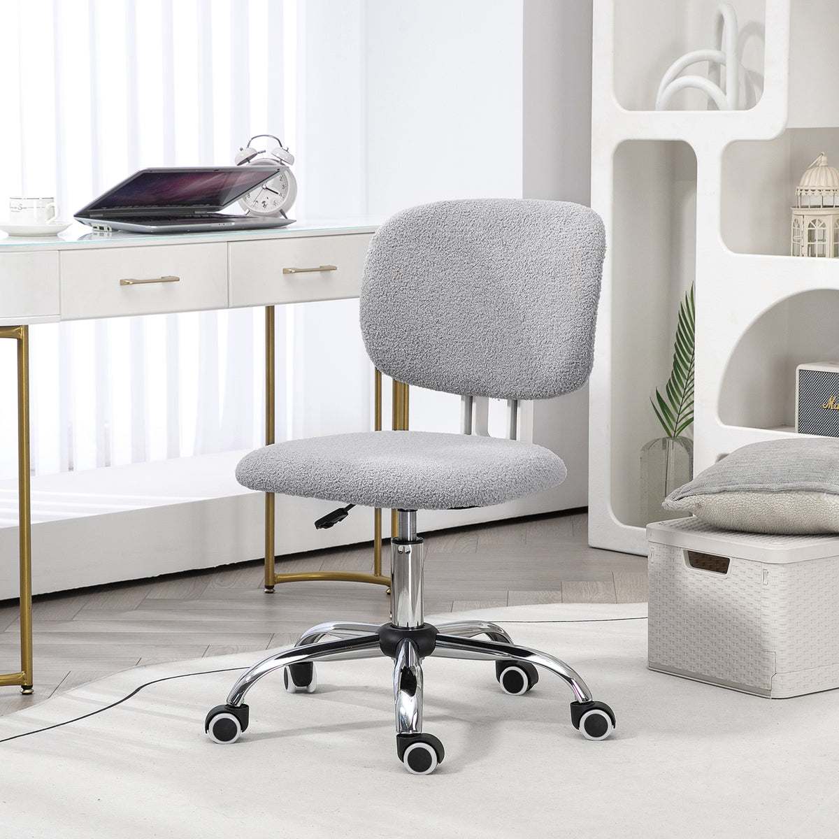 Cute Armless Office Chair, Teddy Fleece Fabric Computer Desk Chair, Vanity Task Chair With Adjustable Height, Swivel Wheels, Mid Back, Light Gray Light Gray Polyester