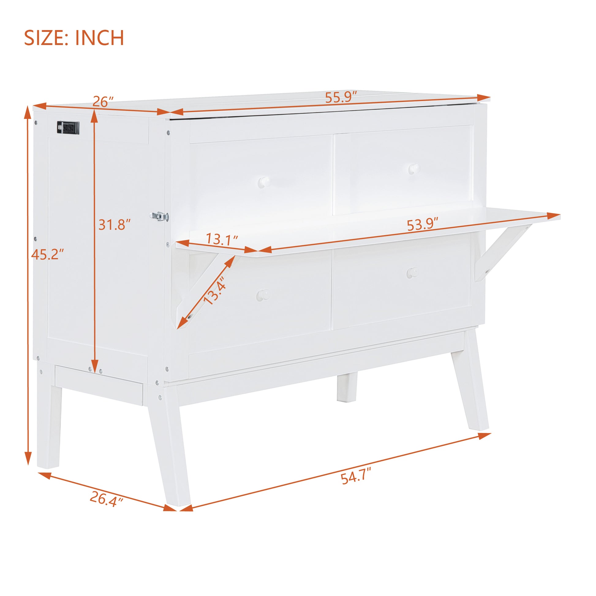 Full Size Murphy Bed With Usb Port And Removable Shelves On Each Side,White White Solid Wood Mdf