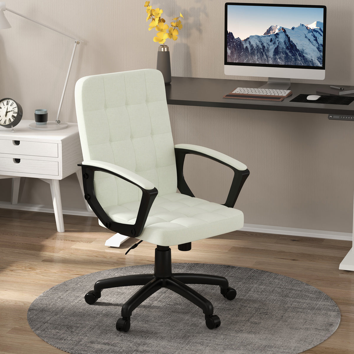 Fabric Office Chair, Computer Desk Chair, Swivel Task Chair With Arms, Adjustable Height, Swivel Wheels, Mid Back, Cream White Cream White Polyester
