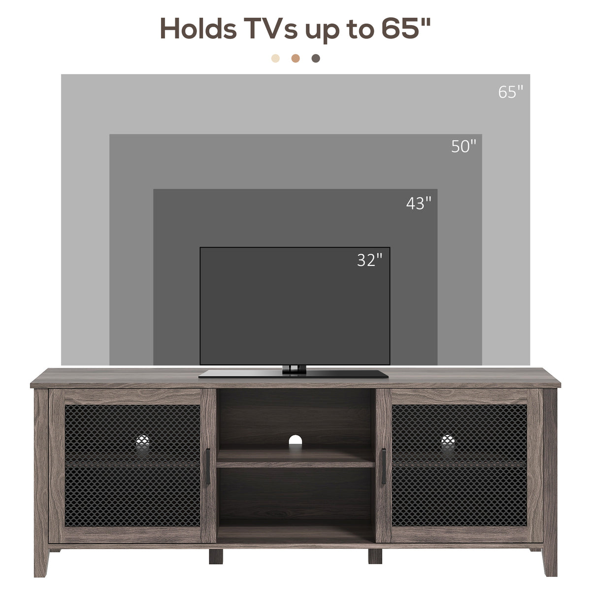 Industrial Tv Cabinet Stand For Tvs Up To 65", Entertainment Center With Mesh Doors And Shelves For Living Room, Brown Brown Particle Board