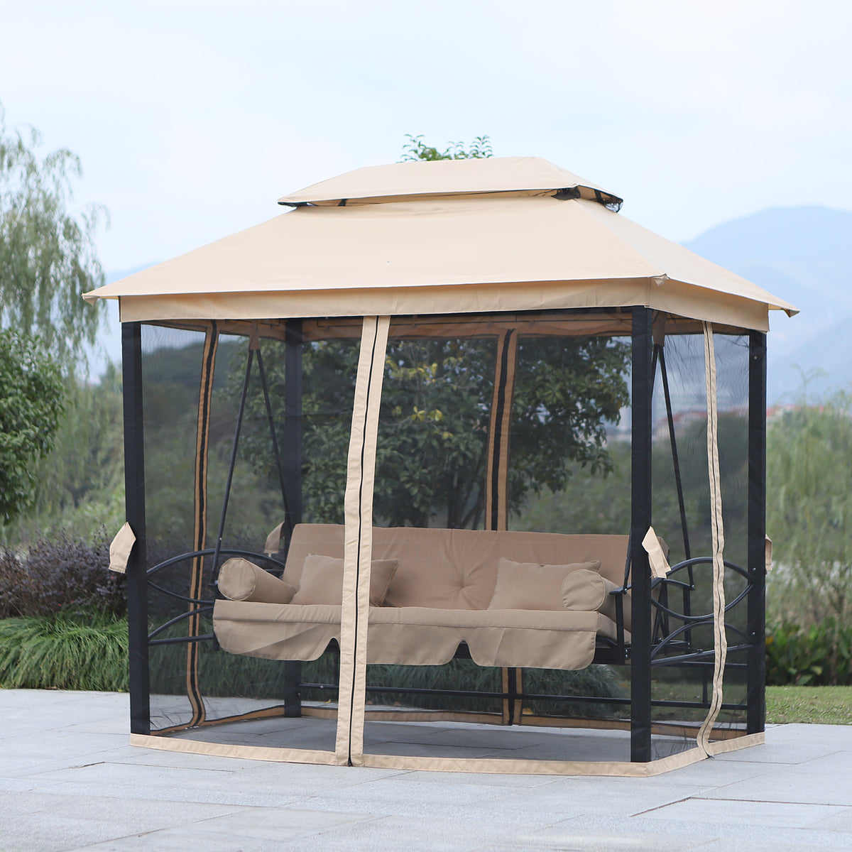 3 Seat Patio Swing Chair, Outdoor Gazebo Swing With Double Tier Canopy, Mesh Sidewalls, Cushioned Seat And Pillows, Beige Beige Steel
