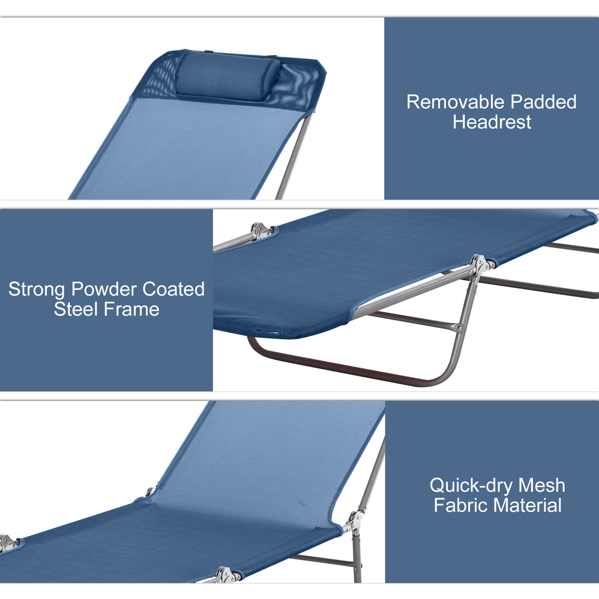 Folding Chaise Lounge Pool Chair, Patio Sun Tanning Chair, Outdoor Lounge Chair With 6 Position Reclining Back,Mesh Seat, And Headrest For Beach, Yard, Patio, Blue Blue Steel