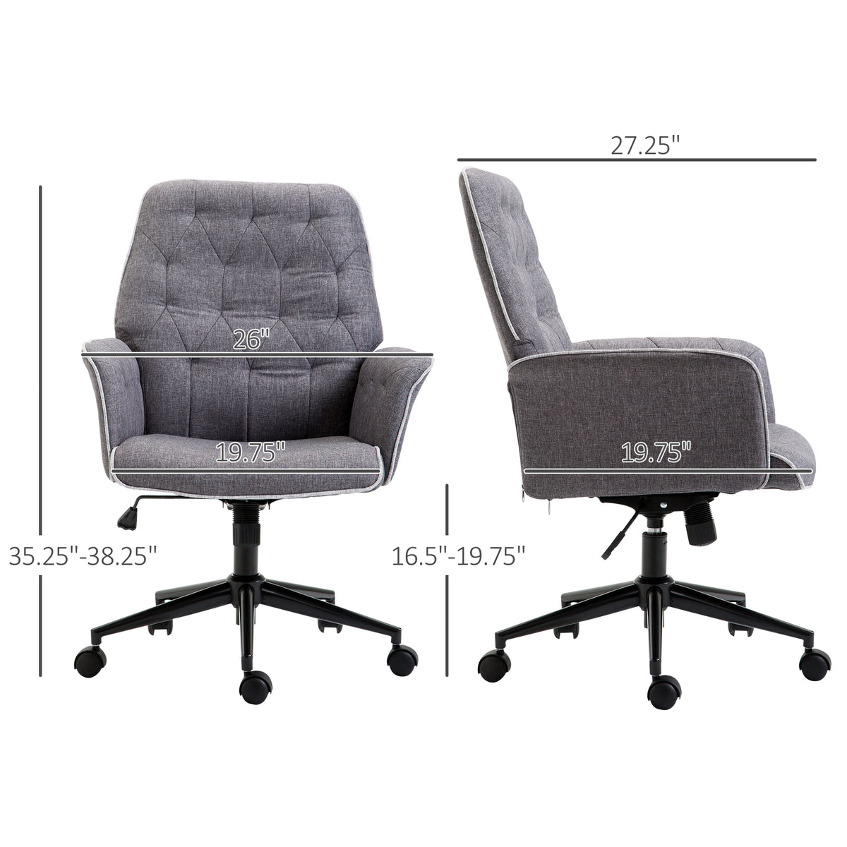 Linen Home Office Chair, Tufted Height Adjustable Computer Desk Chair With Swivel Wheels And Padded Armrests, Dark Gray Grey Fabric