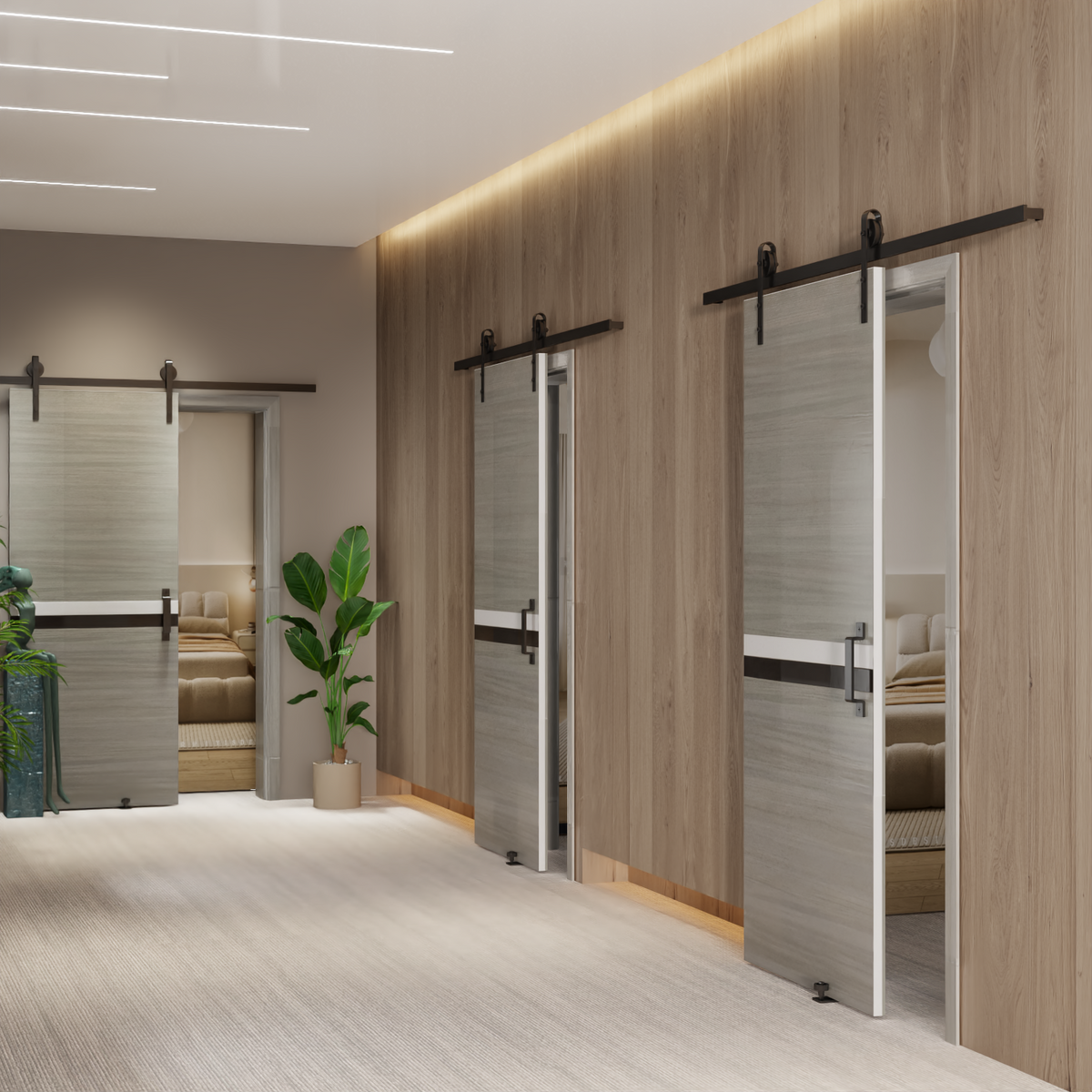 30" X 80" Melamine Integrated Door Slab 6.6Ft Sliding Track Kit Adjustable Floor Guider Pull Handle, Modern Interior Door Panel, Protected By 2Mm Thick Melamine Layer, Moisture Proof Gray Melamine