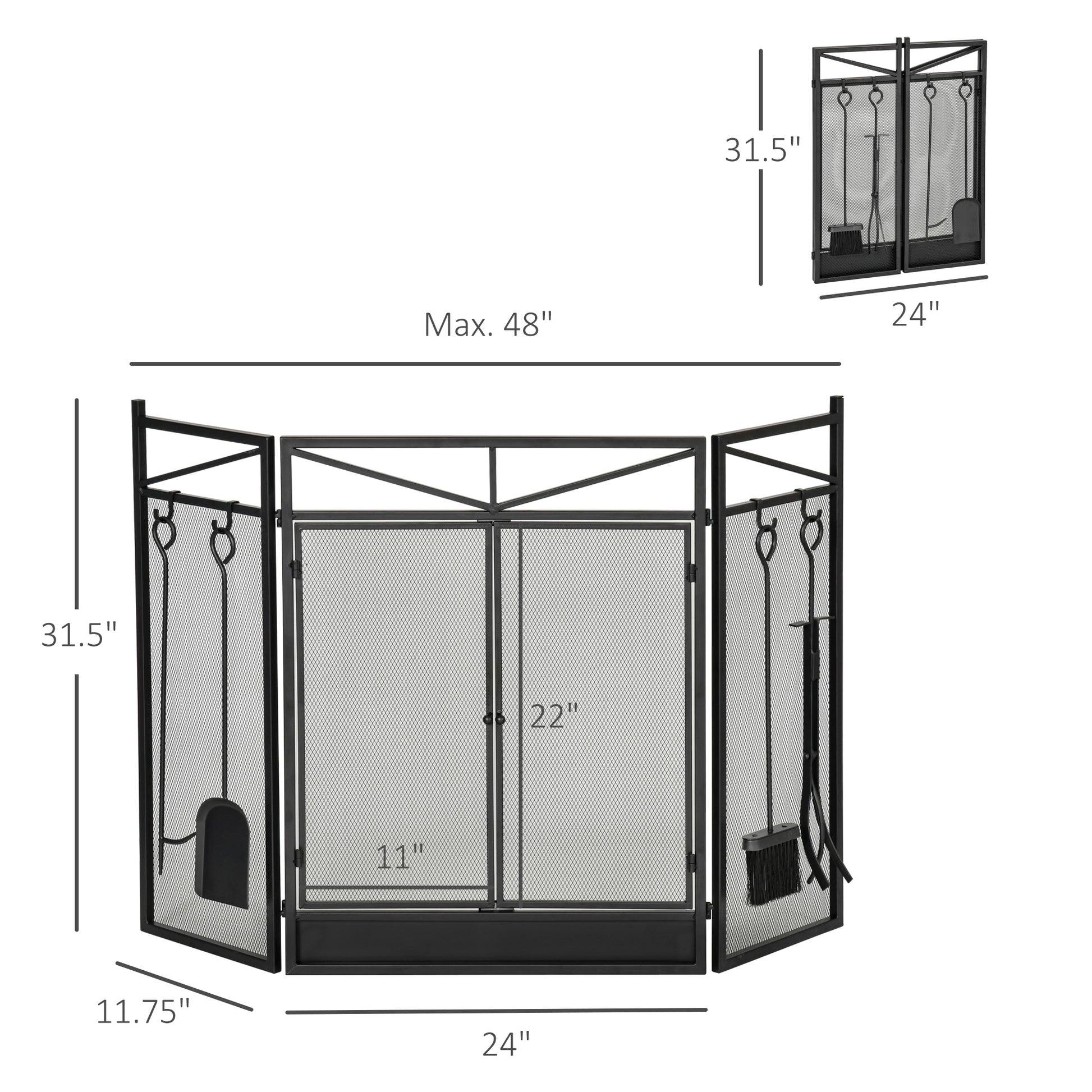 3 Panel Folding Fireplace Screen With 2 Magnetic Doors And Fire Place Tools Set, Fire Spark Guard For Wood Burning, With Brush, Shovel, Poker, Firewood Tongs, 48" X 0.75", Black Black Steel