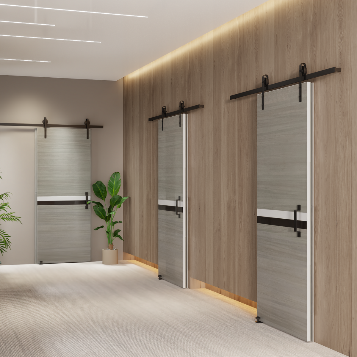 30" X 80" Melamine Integrated Door Slab 6.6Ft Sliding Track Kit Adjustable Floor Guider Pull Handle, Modern Interior Door Panel, Protected By 2Mm Thick Melamine Layer, Moisture Proof Gray Melamine