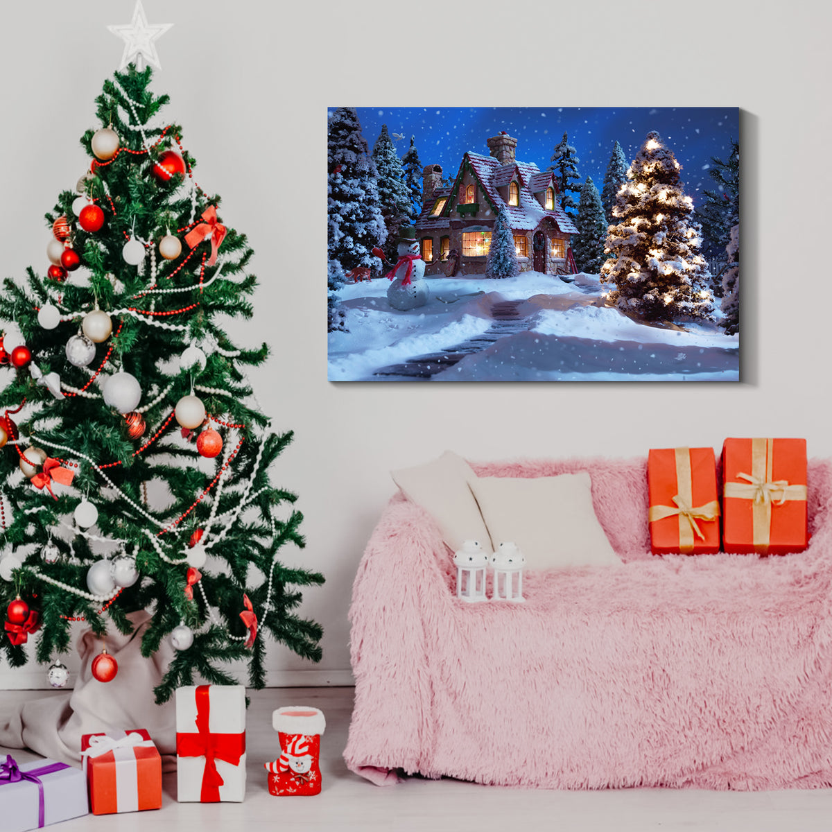 Framed Canvas Wall Art Decor Painting For Chrismas, Chrismas Tree In Forest Chrismas Gift Painting For Chrismas Gift, Decoration For Chrismas Eve Living Room, Bedroom Decor 2418In Thickness 1.5Inch Rectangle Framed Multicolor Christmas Oversized 41In