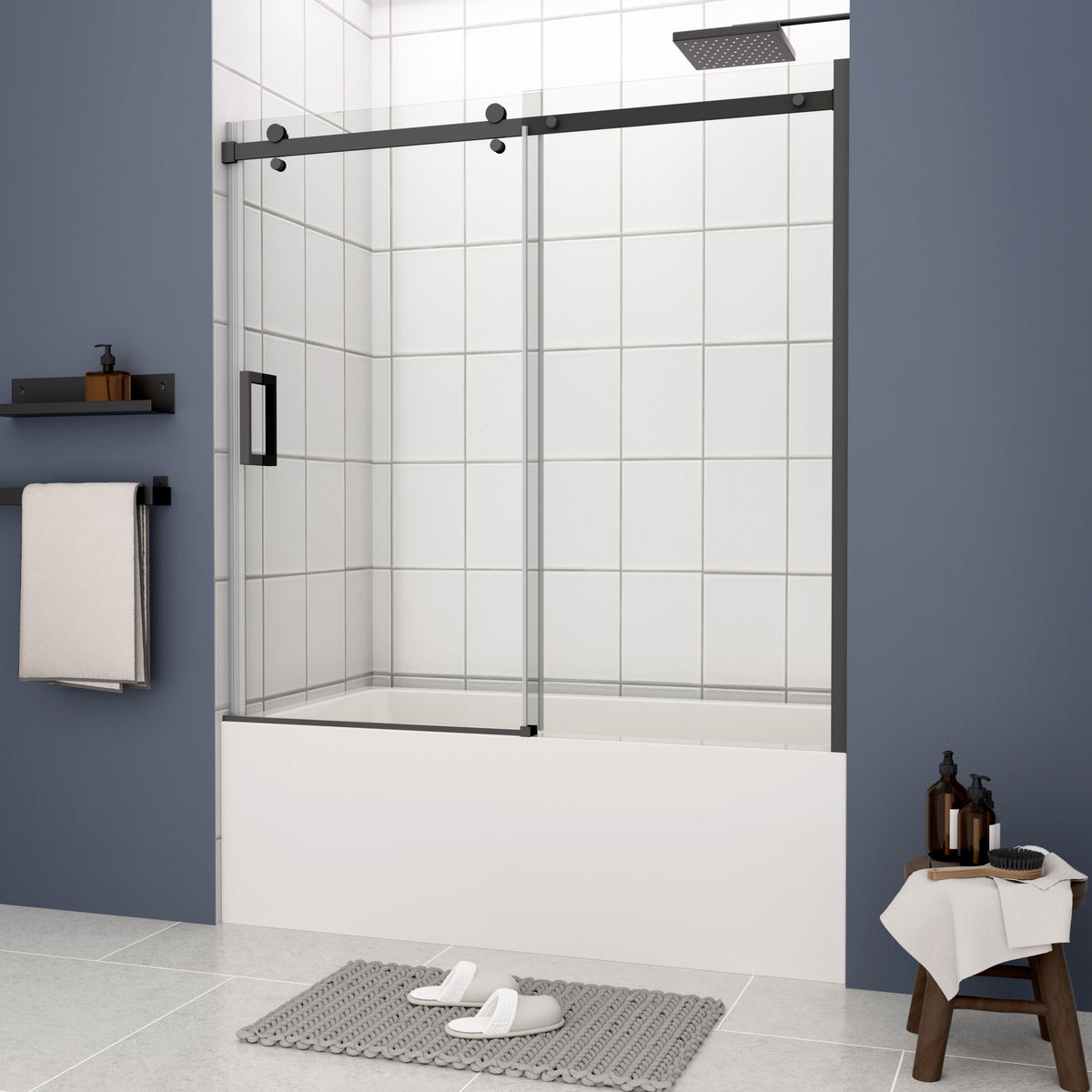 Bathtub Shower Door, Sliding Door, With 5 16" Tempered Glass And Matted Black Finish 6058 Matte Black Aluminium Alloy