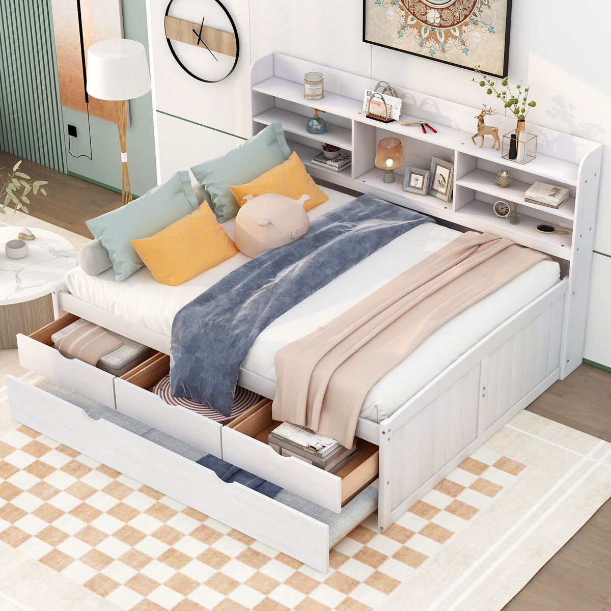 Full Size Wooden Captain Bed With Built In Bookshelves,Three Storage Drawers And Trundle,White Wash White Solid Wood Mdf