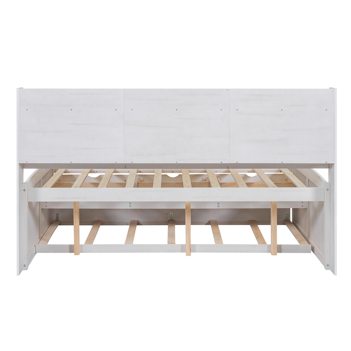 Full Size Wooden Captain Bed With Built In Bookshelves,Three Storage Drawers And Trundle,White Wash White Solid Wood Mdf