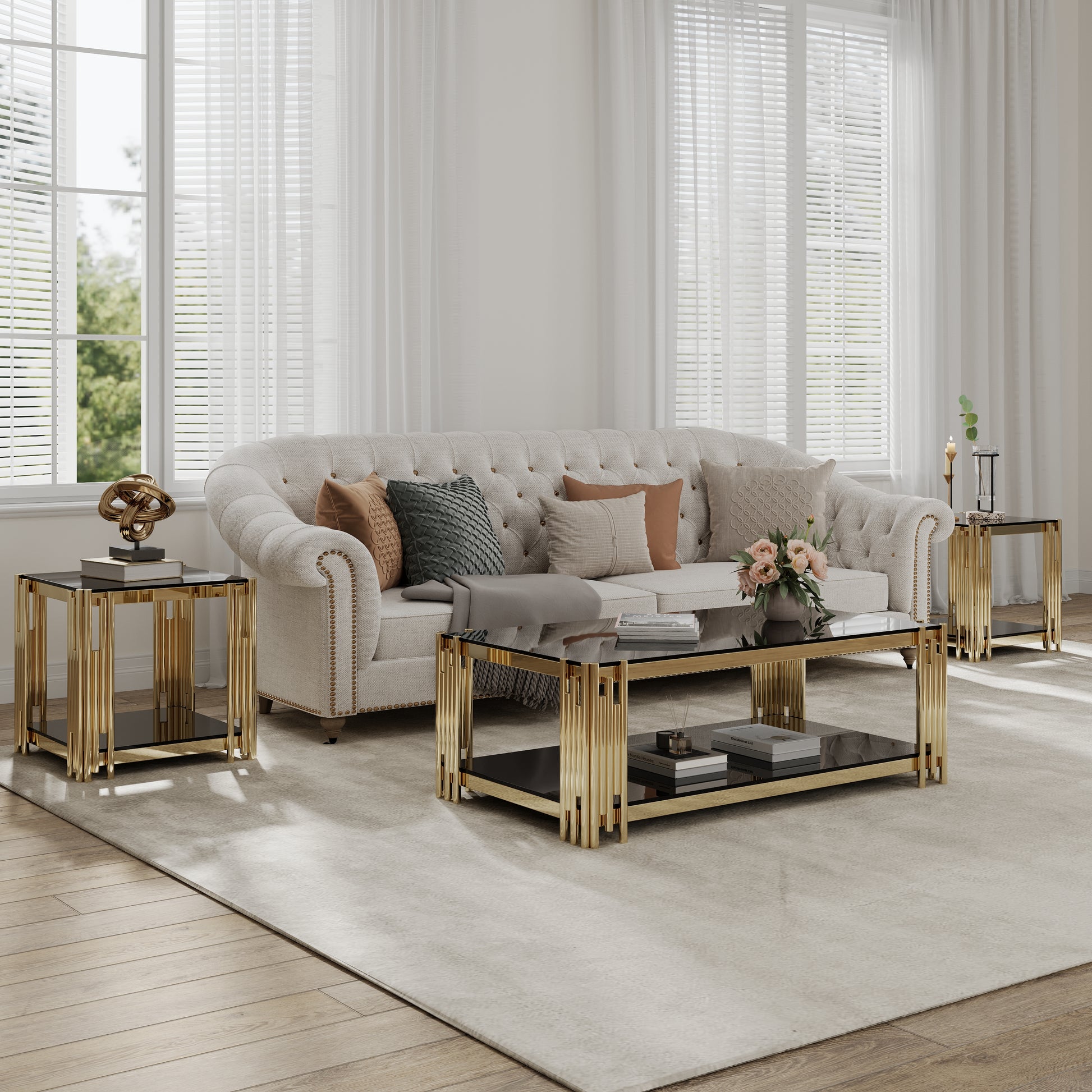 48" Wide Rectangular Coffee Table With Black Tempered Glass Top, Golden Stainless Steel Double Layer Coffee Table For Living Room Polished Golden Stainless Steel