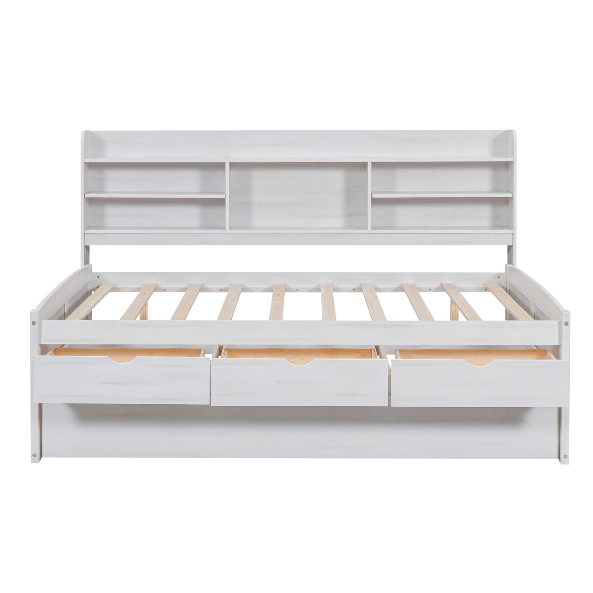 Full Size Wooden Captain Bed With Built In Bookshelves,Three Storage Drawers And Trundle,White Wash White Solid Wood Mdf