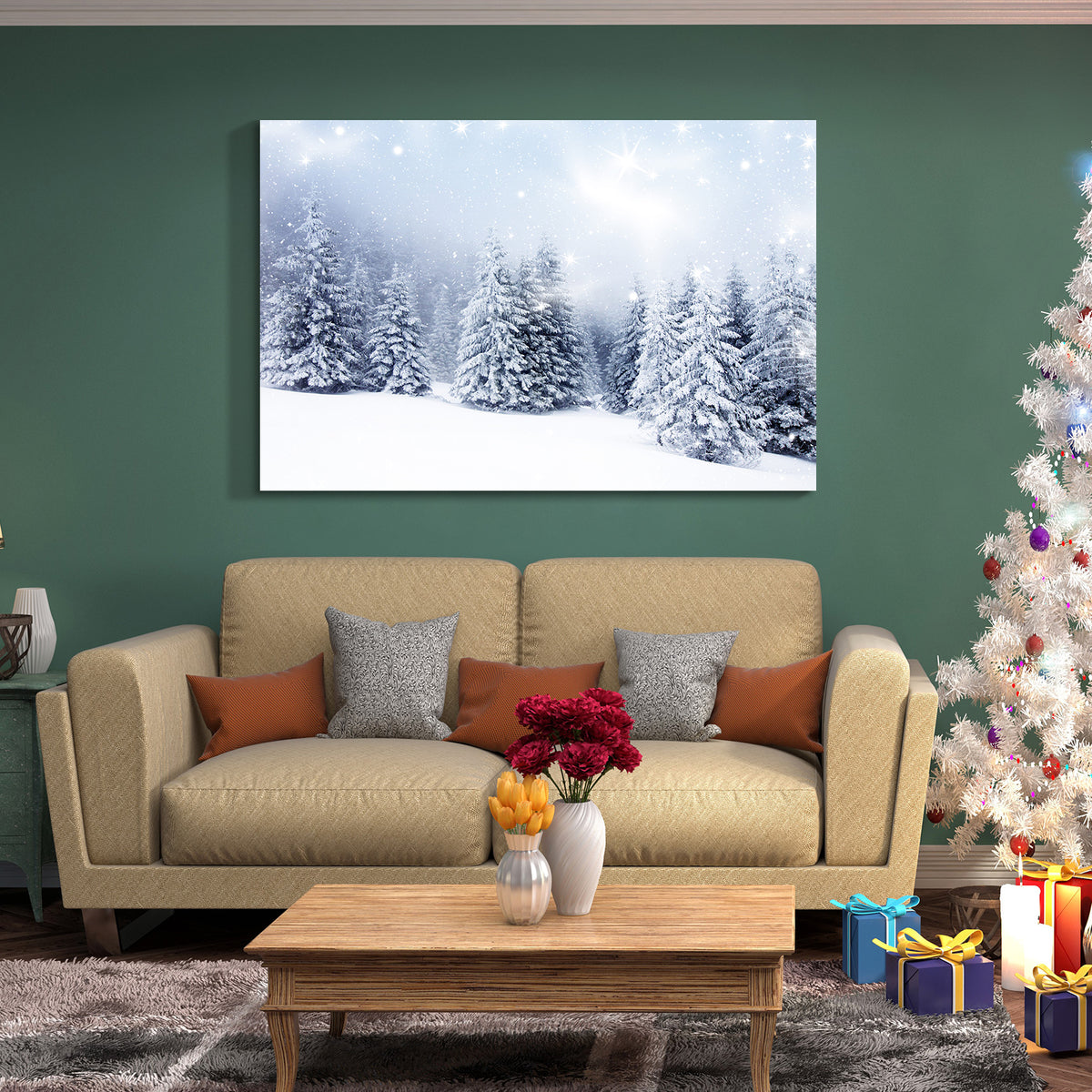 Framed Canvas Wall Art Decor Painting For Chrismas, Winter Pine Forest Chrismas Gift Painting For Chrismas Gift, Decoration For Chrismas Eve Office Living Room, Bedroom Decor Ready To Han Rectangle