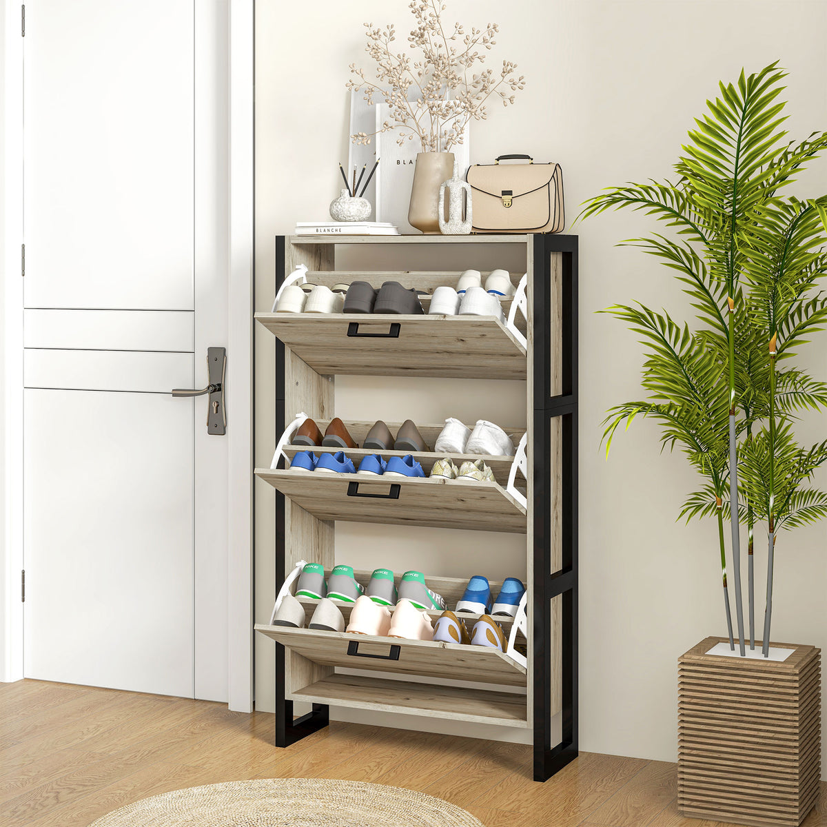 Industrial Shoe Cabinet With 3 Flip Drawers, Freestanding Shoe Storage Cabinet For 15 Pairs, Narrow Slim Shoe Rack For Entryway, Hallway, Walnut Walnut Mdf