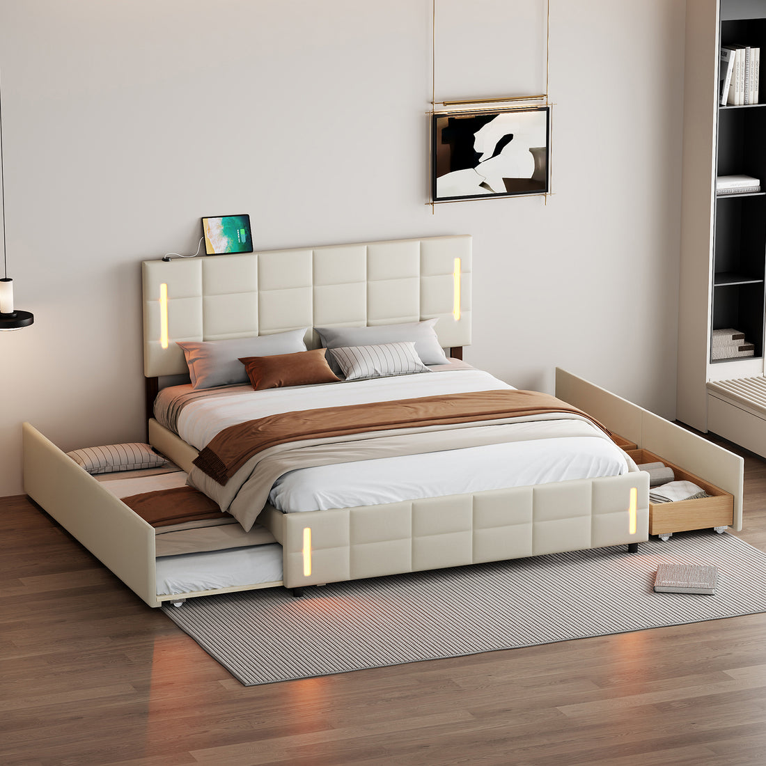 Queen Size Upholstered Platform Bed With Trundle And Drawers, Beige Queen Beige Upholstered