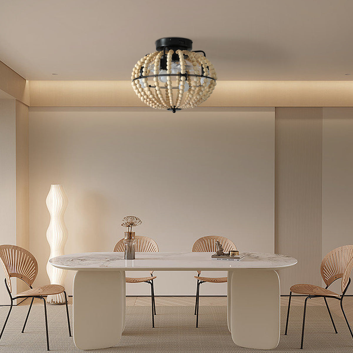Beaded Fan Lamp Wood Beaded Chandelier Oak White White Modern Iron
