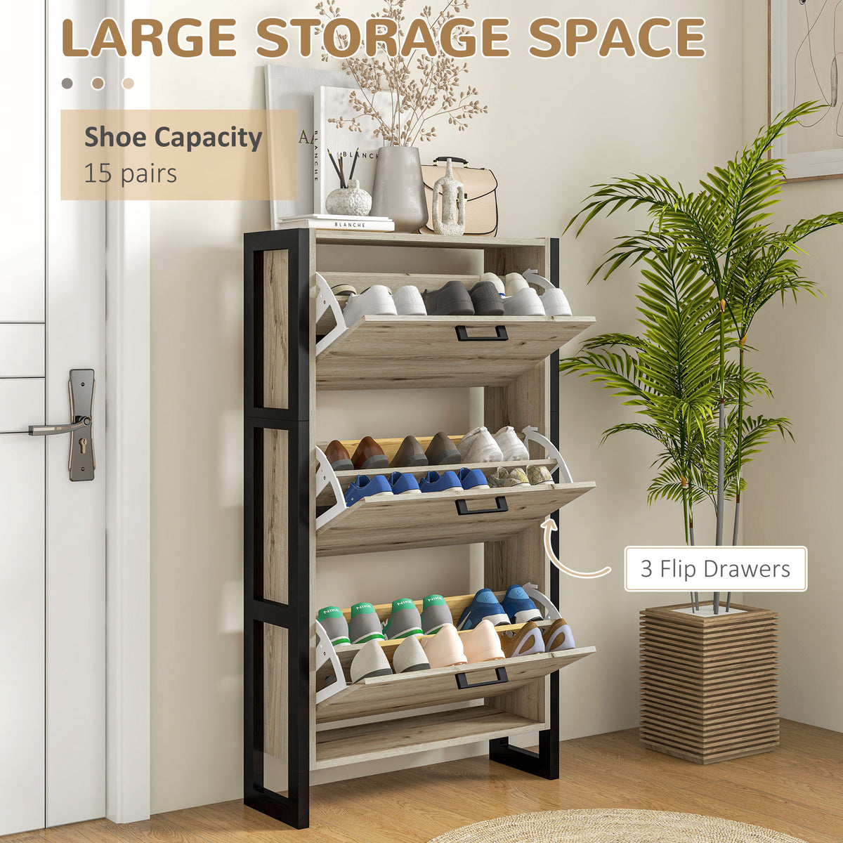 Industrial Shoe Cabinet With 3 Flip Drawers, Freestanding Shoe Storage Cabinet For 15 Pairs, Narrow Slim Shoe Rack For Entryway, Hallway, Walnut Walnut Mdf