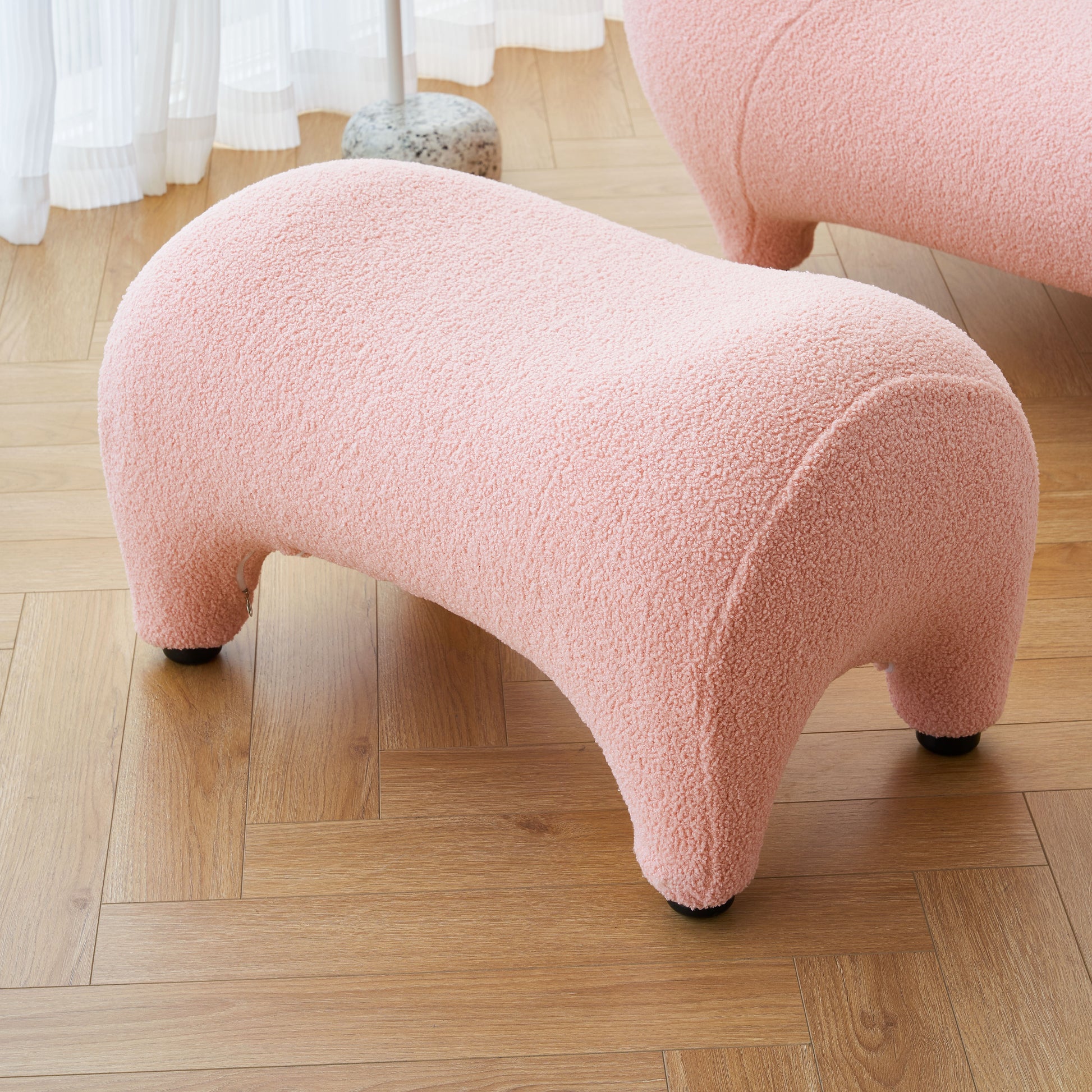 Modern Accent Chair And Ottoman Set, High Back Sherpa Blouce Fabric Armchair With Footstool For Living Room, Lounge, Bedroom, Reading Room, Office Pink Foam