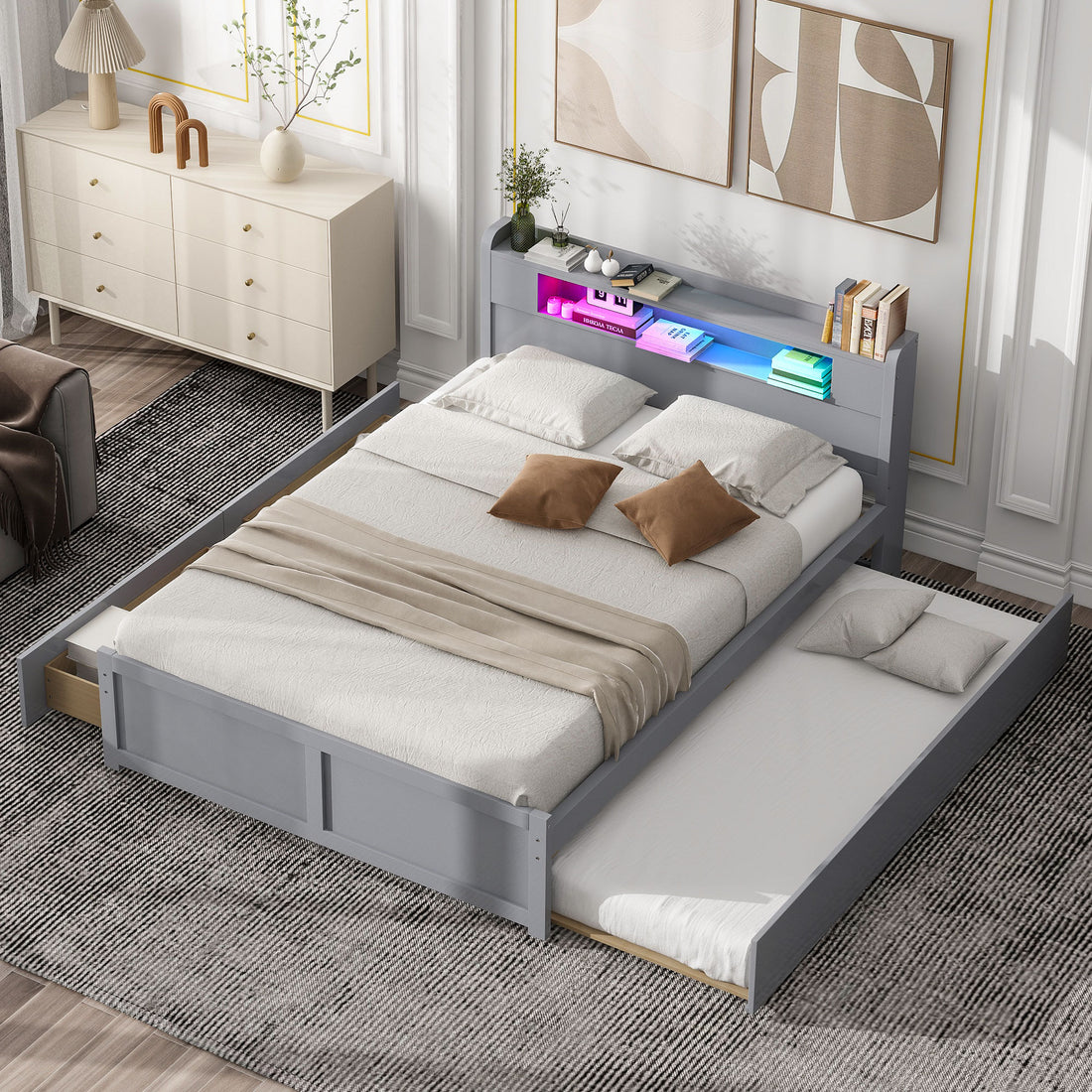 Queen Size Wood Storage Platform Bed With Led, 2 Drawers And 1 Twin Size Trundle, Gray Box Spring Not Required Queen Gray Wood Bedroom Bed Frame Solid Wood Mdf
