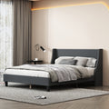 Queen Size Bed Frame Upholstered Bed Frame Platform ,Non Adjustable Headboard Linen Fabric Headboard Wooden Slats Support No Box Spring Needed Easy Assembly Mattress Foundation, Light Gray Queen Dark Gray Metal & Wood