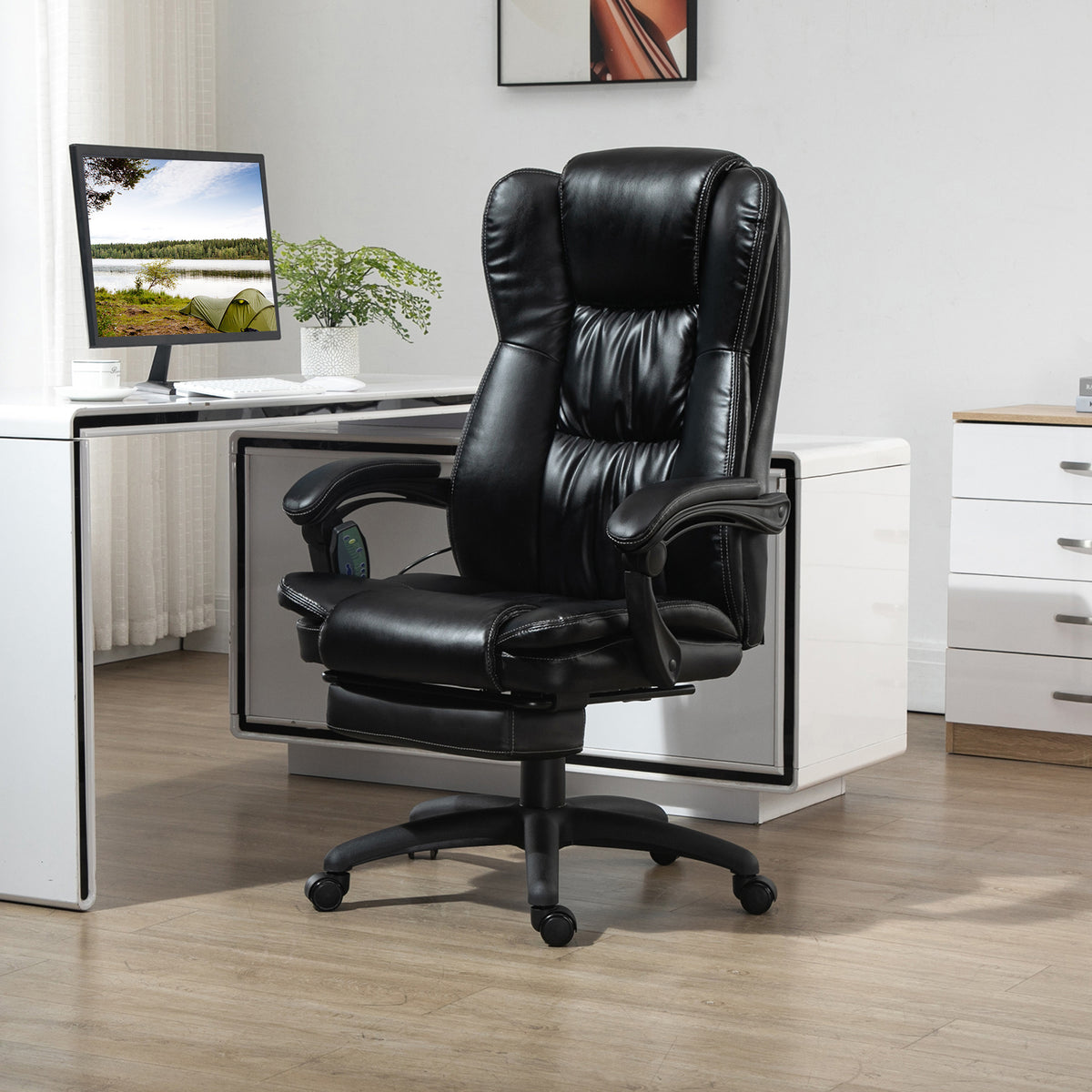 High Back Massage Office Chair With 6 Point Vibration, 5 Modes, Executive Chair, Pu Leather Swivel Chair With Reclining Back, And Retractable Footrest, Black Black Pu