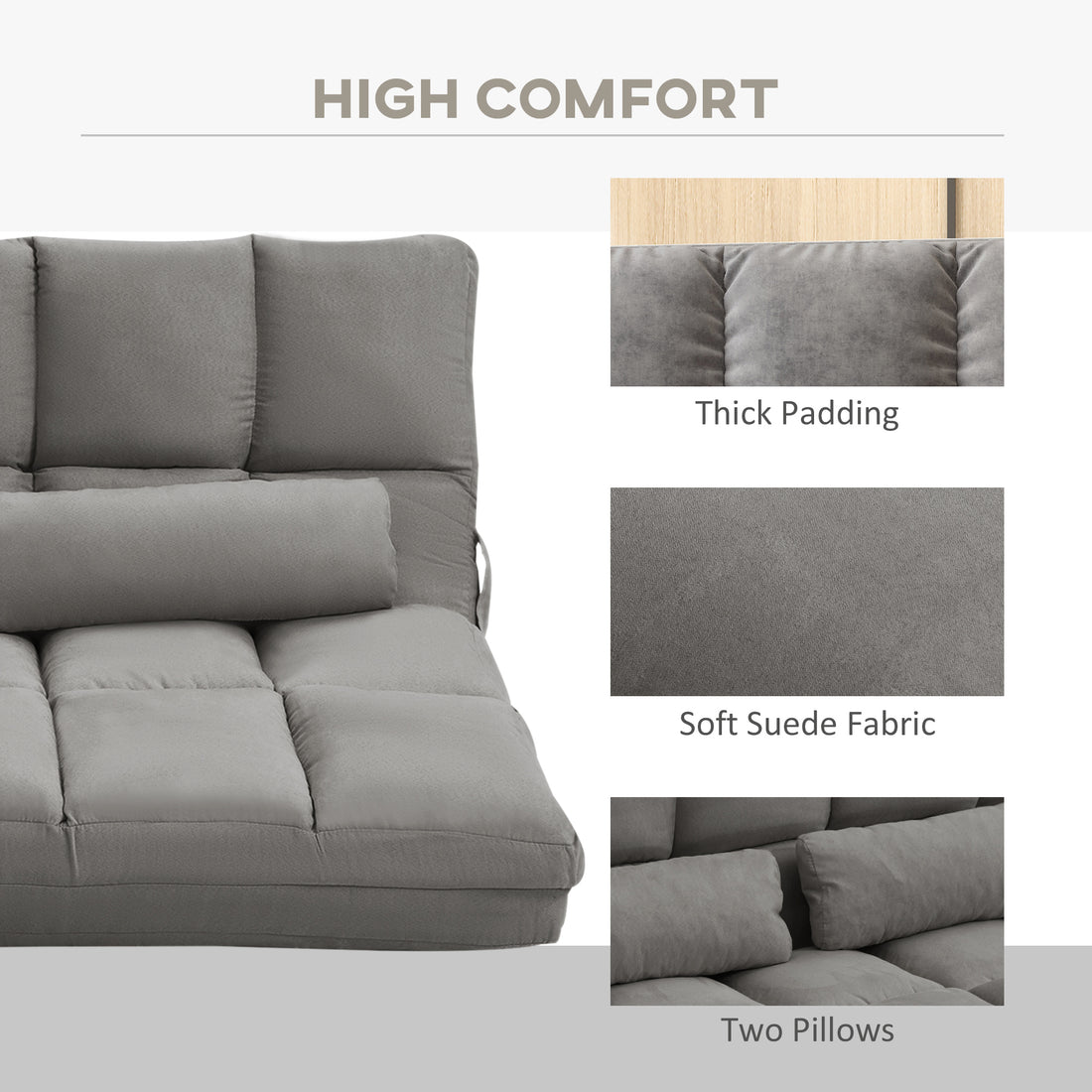 Convertible Floor Sofa Chair, Folding Couch Bed, Guest Chaise Lounge With 2 Pillows, Adjustable Backrest And Headrest, Dark Gray Dark Gray Polyester