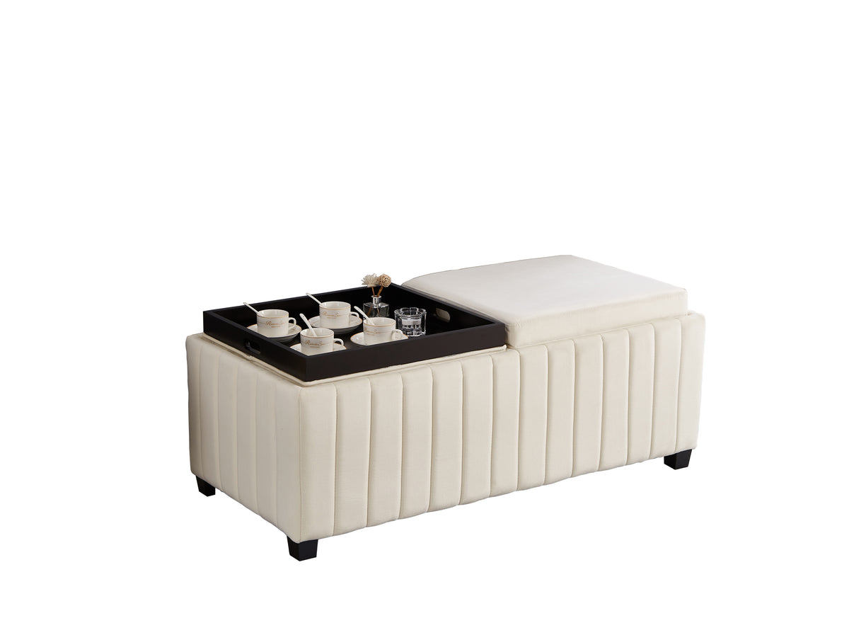 45 Inch Wide Contemporary Square Cubestorage Ottoman Bench, Storage Bench With Coffee Tray,Coffee Table For Living Room Ottoman Foot Rest For Bedroom End Of Bed, Beige Velvet Fabric In Modern Sawing Distressed Finish Espresso Bedroom Beige Rubberwood