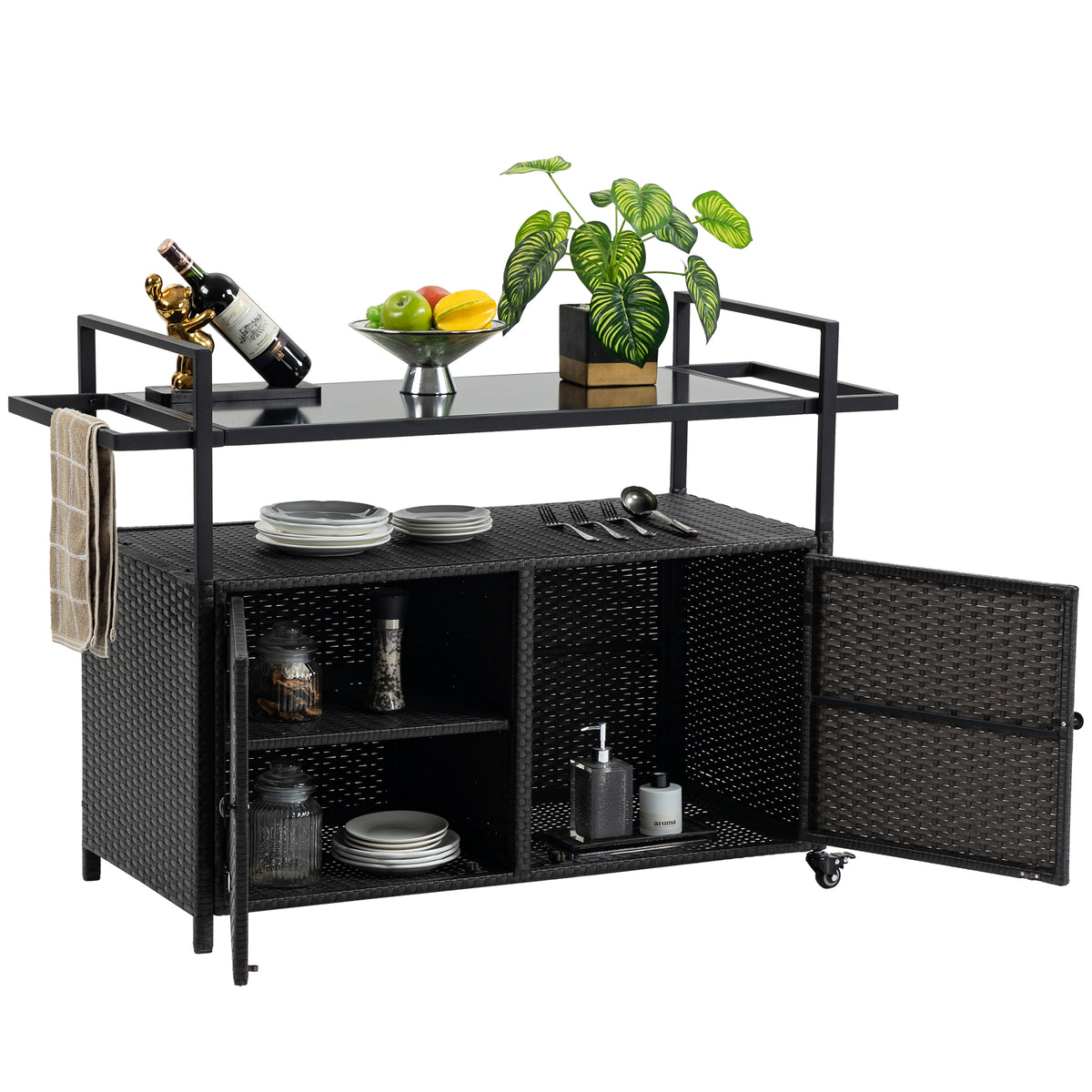 Outdoor Wicker Bar Cart, Patio Wine Serving Cart W Wheels, Rolling Rattan Beverage Bar Counter Table W Glass Top For Porch Backyard Garden Poolside Party, Black No Black Garden & Outdoor Steel