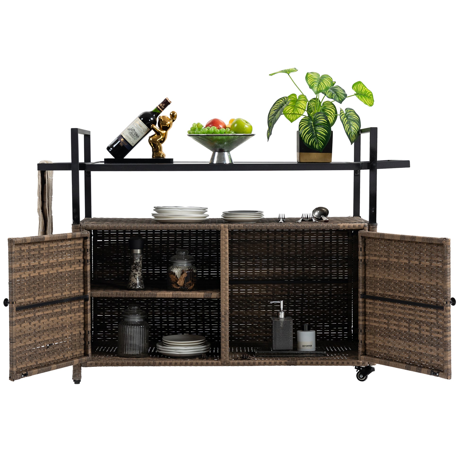 Outdoor Wicker Bar Cart, Patio Wine Serving Cart W Wheelsrolling Rattan Beverage Bar Counter Table W Glass Top For Porch Backyard Garden Poolside Party, Light Brown Light Brown Garden & Outdoor