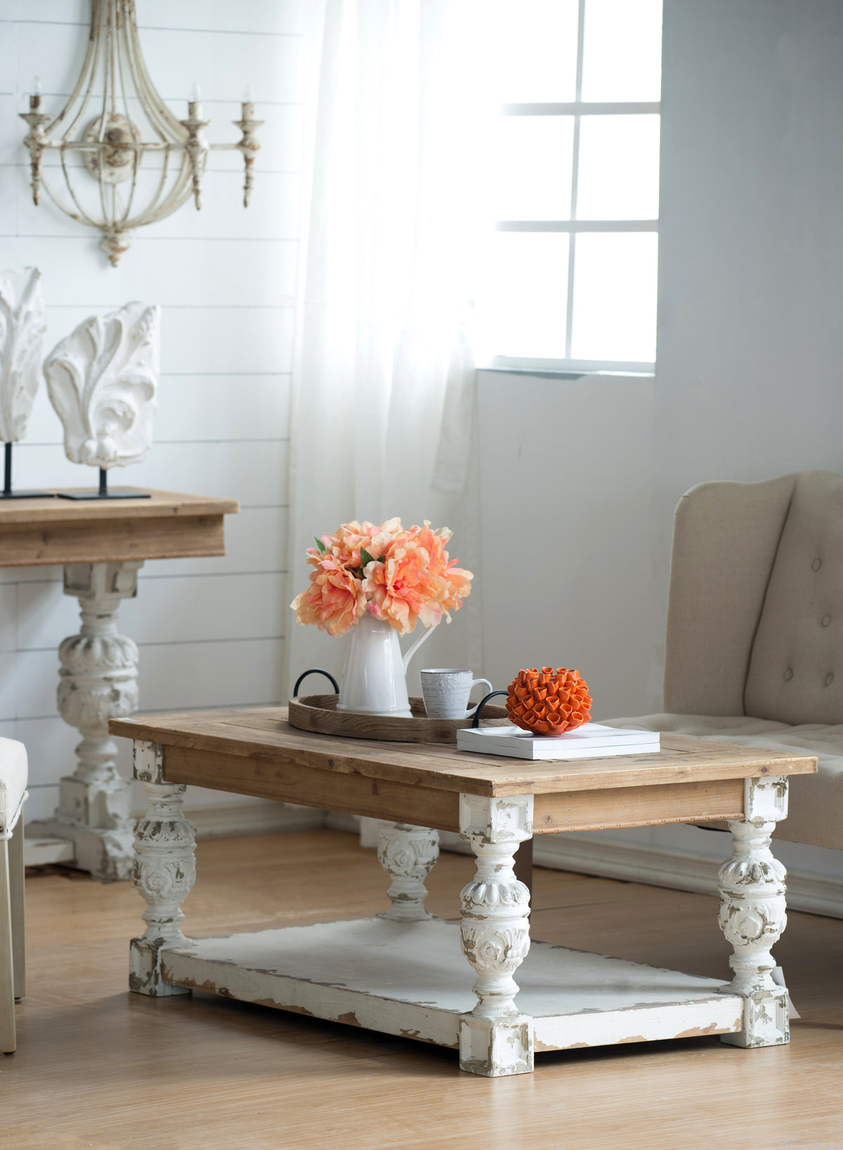 47" X 27.5" X 20" Rectangle Coffee Wooden Coffee Table, French Country Coffee Table Brown Antique White Wood