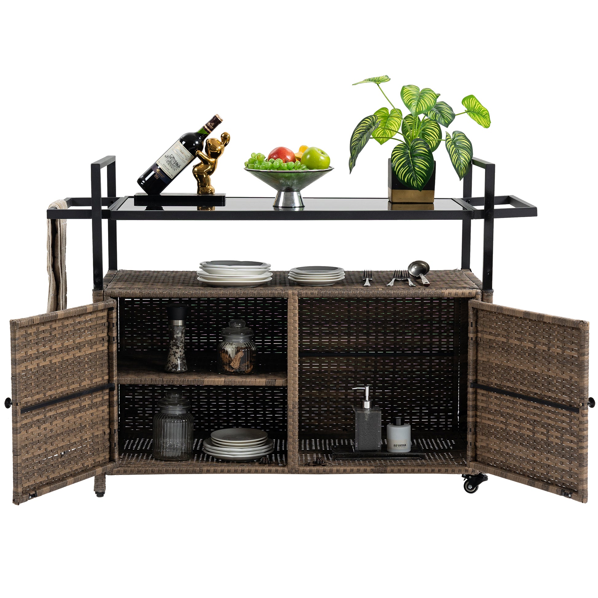 Outdoor Wicker Bar Cart, Patio Wine Serving Cart W Wheelsrolling Rattan Beverage Bar Counter Table W Glass Top For Porch Backyard Garden Poolside Party, Light Brown Light Brown Garden & Outdoor