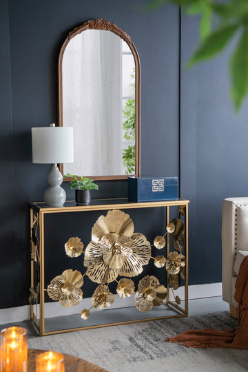 39.5" X 12" X 30.5" Gold Console Table With Mirrored Glass Top, Modern Entryway Table For Living Room Foyer Entryway Gold Iron
