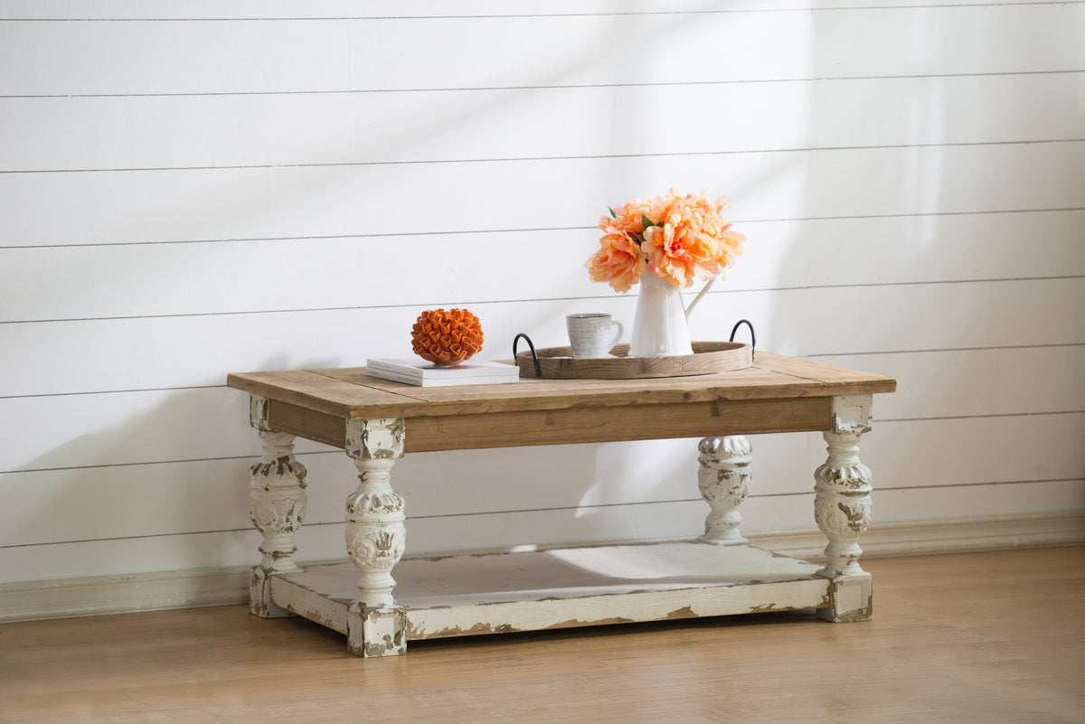 47" X 27.5" X 20" Rectangle Coffee Wooden Coffee Table, French Country Coffee Table Brown Antique White Wood
