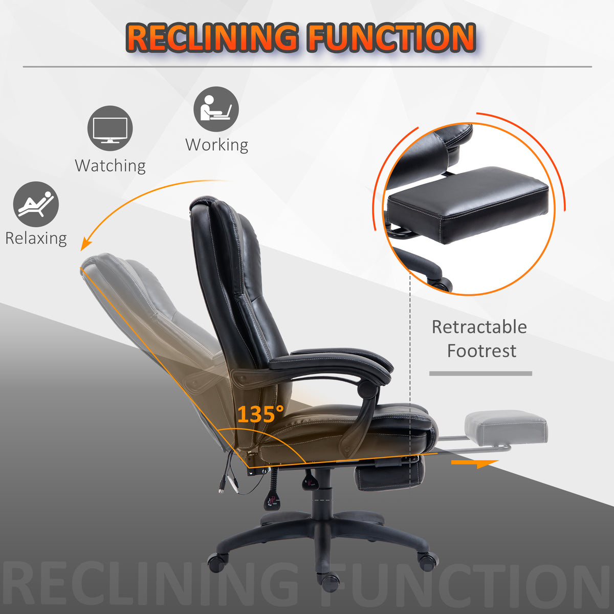 High Back Massage Office Chair With 6 Point Vibration, 5 Modes, Executive Chair, Pu Leather Swivel Chair With Reclining Back, And Retractable Footrest, Black Black Pu