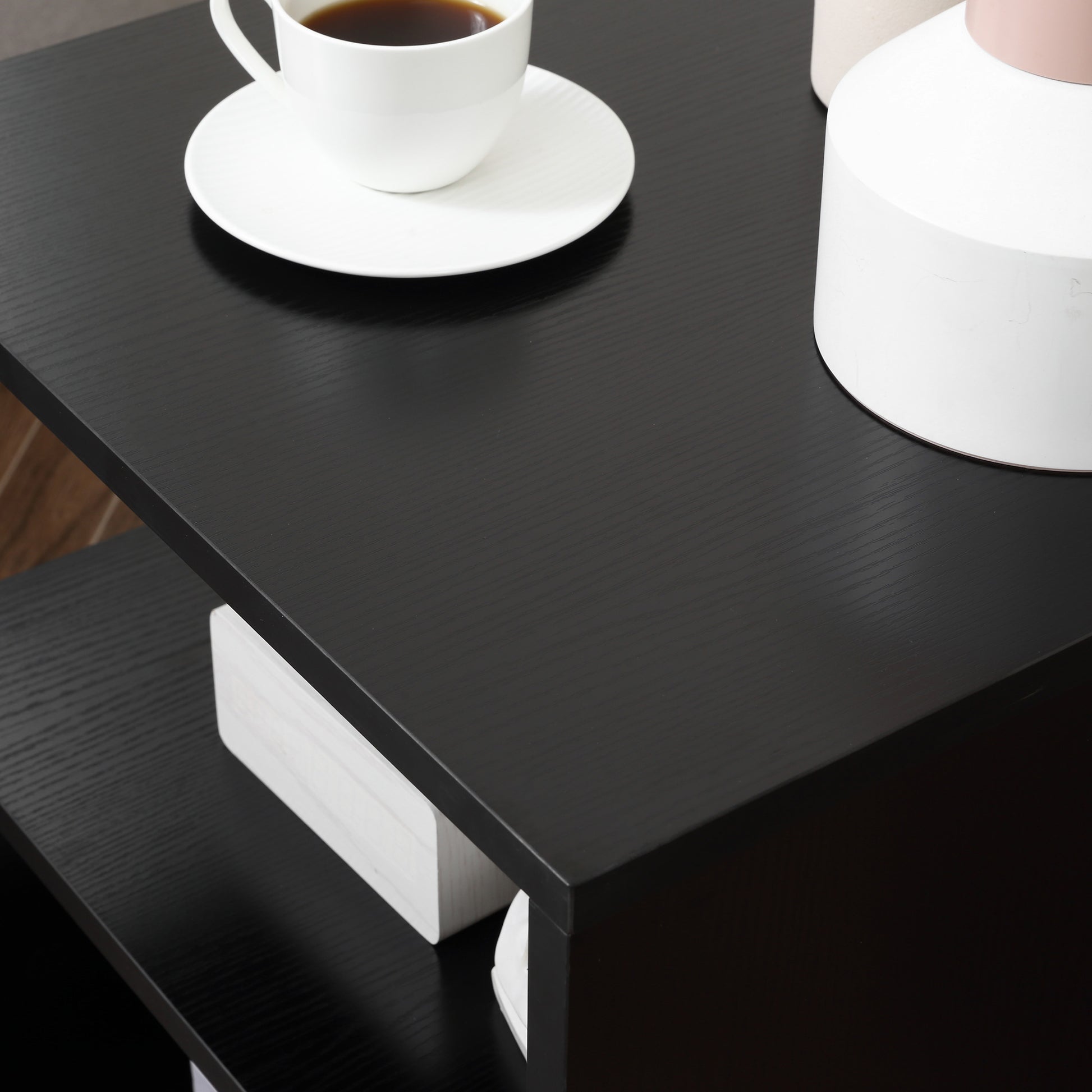 20" Modern End Table, Accent Side Table, S Shaped Coffee Table With Storage Shelf And Steel Poles, Black Black Particle Board