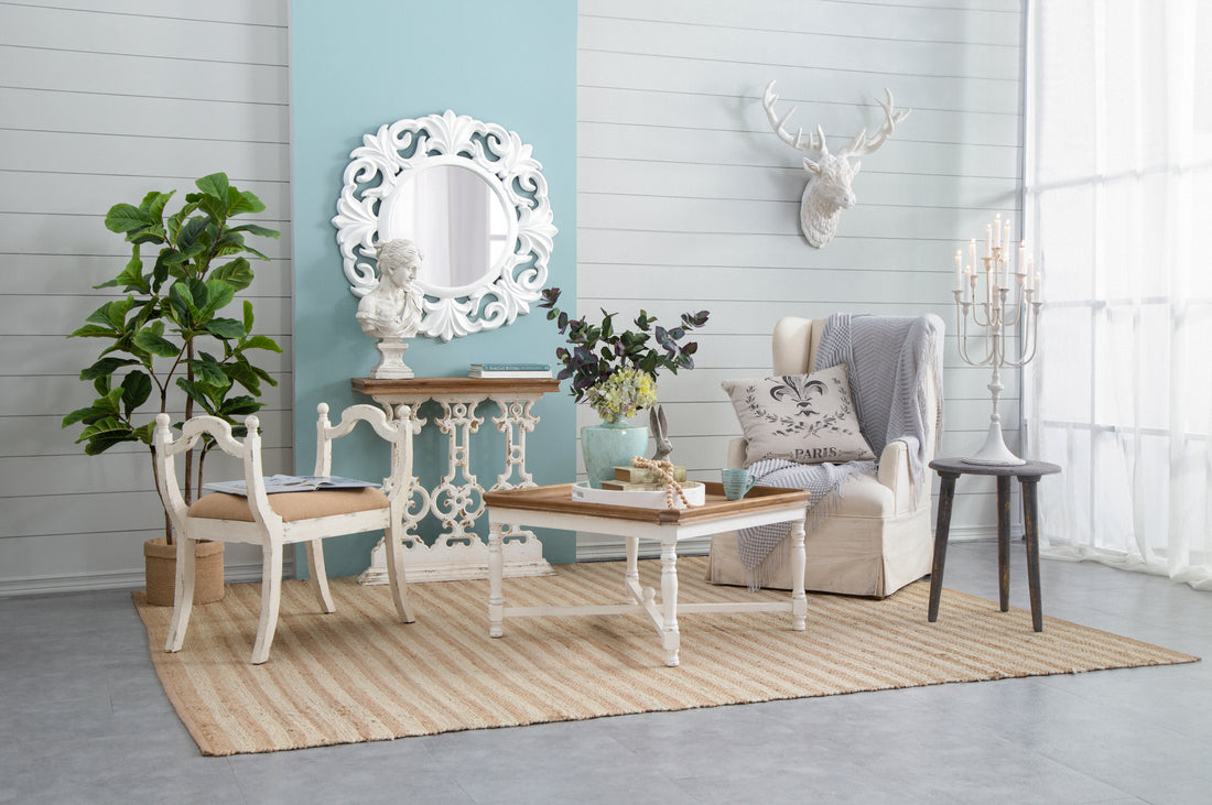 32" X 12" X 32" Classic Vintage White Wash Console Table With Brown Wood Top Brown Antique White Wood