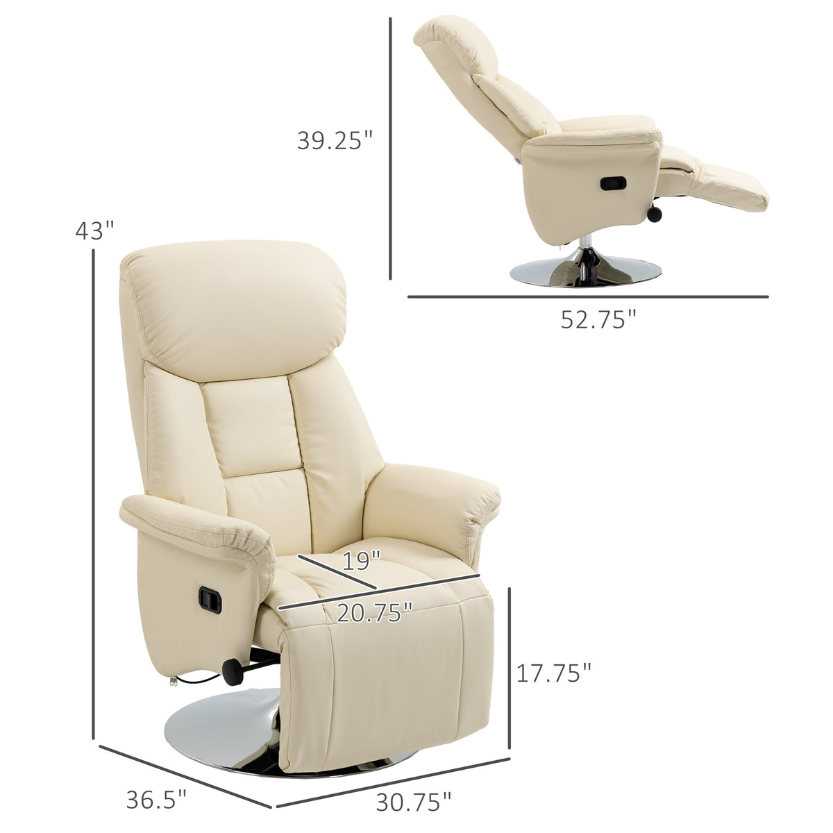 Manual Recliner Chair For Adults, Adjustable Swivel Recliner With Footrest, Padded Arms, Pu Leather Upholstery And Steel Base For Living Room, Cream White Cream White Pu Leather
