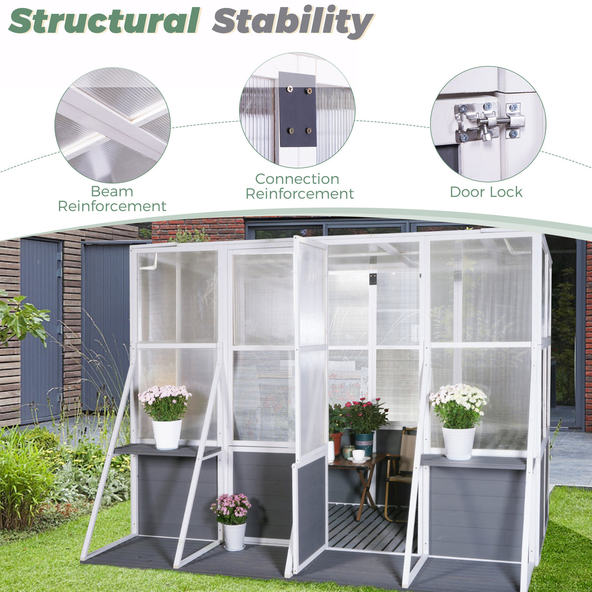 Greenhouse, Wooden Lean To Greenhouses For Outdoors, Heavy Duty Walk In Green House For Outside Winter, Large Hot House For Sunroom Storage Shed, Garden, Backyard 103.9''X98.4''X77.6'' White Gray Weather Resistant Frame Garden & Outdoor Wood Glass