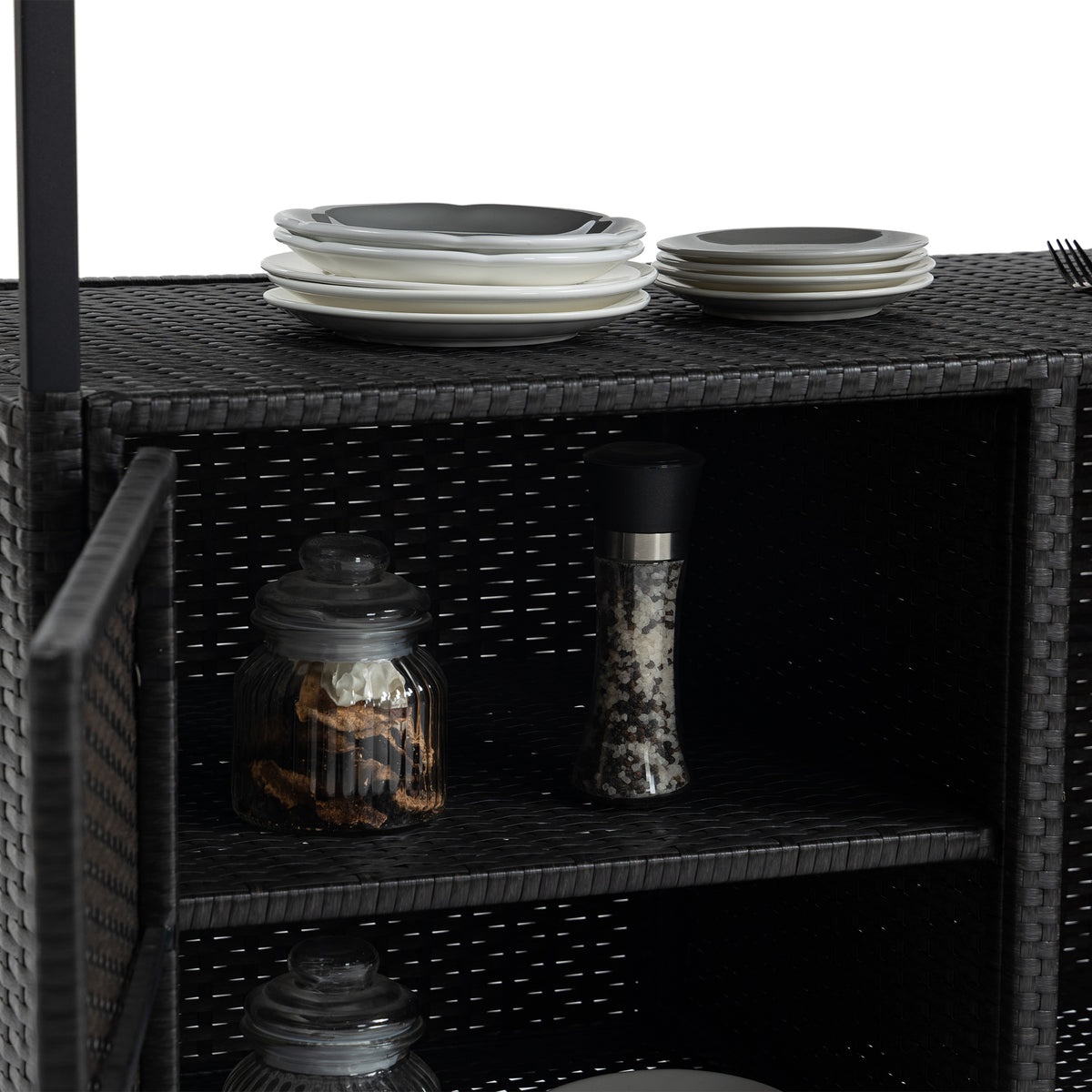 Outdoor Wicker Bar Cart, Patio Wine Serving Cart W Wheels, Rolling Rattan Beverage Bar Counter Table W Glass Top For Porch Backyard Garden Poolside Party, Black No Black Garden & Outdoor Steel