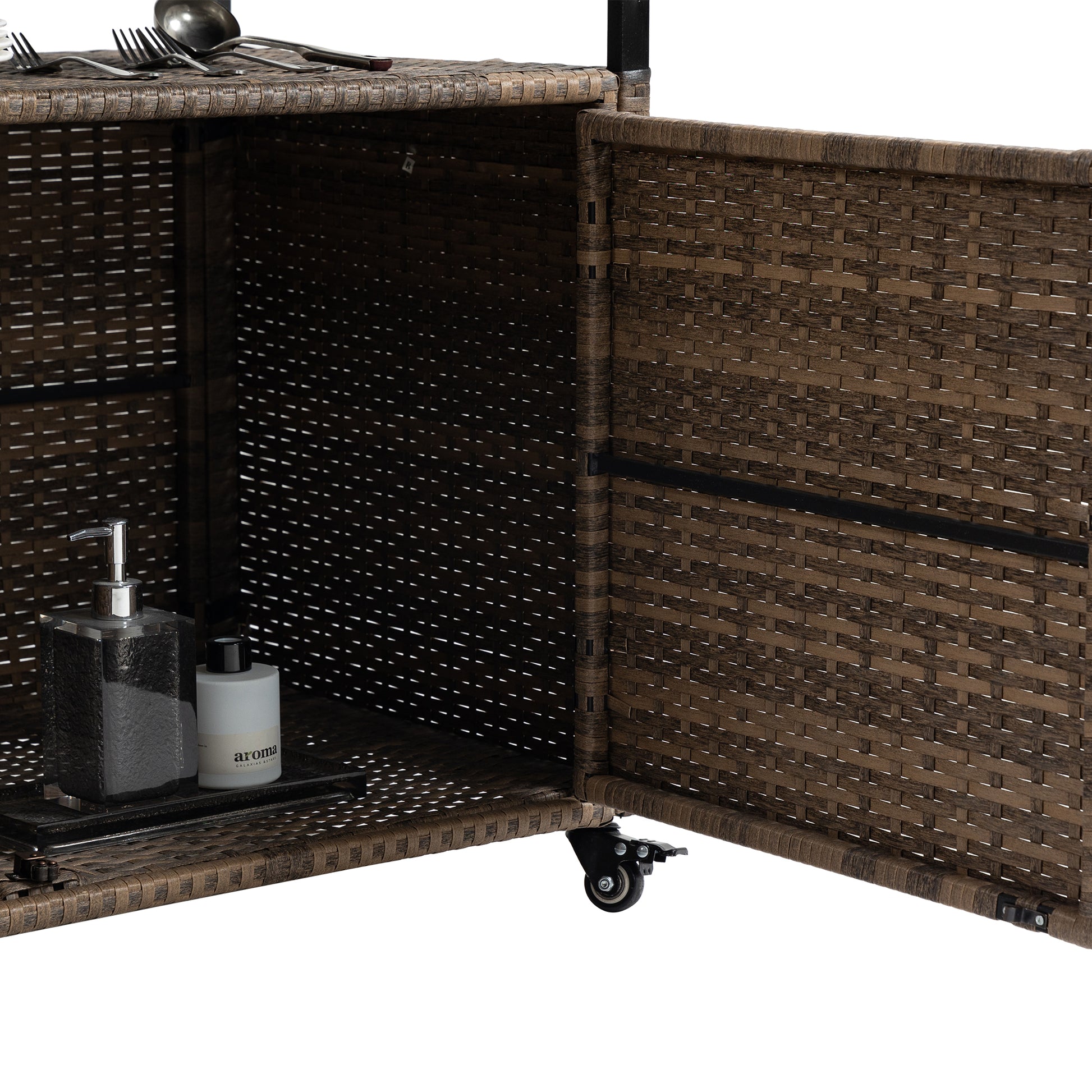 Outdoor Wicker Bar Cart, Patio Wine Serving Cart W Wheelsrolling Rattan Beverage Bar Counter Table W Glass Top For Porch Backyard Garden Poolside Party, Light Brown Light Brown Garden & Outdoor