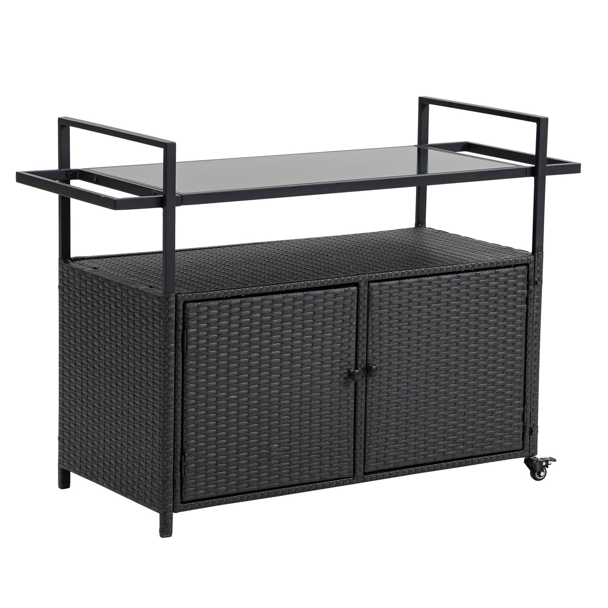 Outdoor Wicker Bar Cart, Patio Wine Serving Cart W Wheels, Rolling Rattan Beverage Bar Counter Table W Glass Top For Porch Backyard Garden Poolside Party, Black No Black Garden & Outdoor Steel