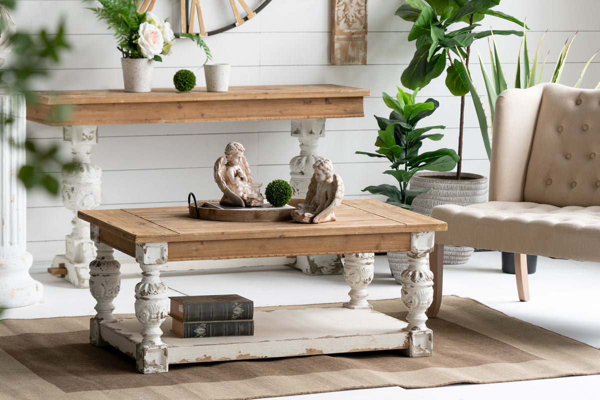 47" X 27.5" X 20" Rectangle Coffee Wooden Coffee Table, French Country Coffee Table Brown Antique White Wood